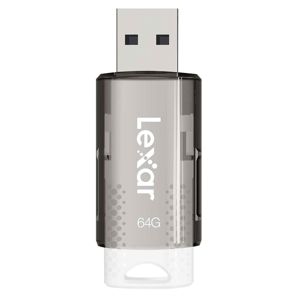 Una chiavetta USB argento e grigia. Ha il marchio 'Lexar' e la capacità '64G'.