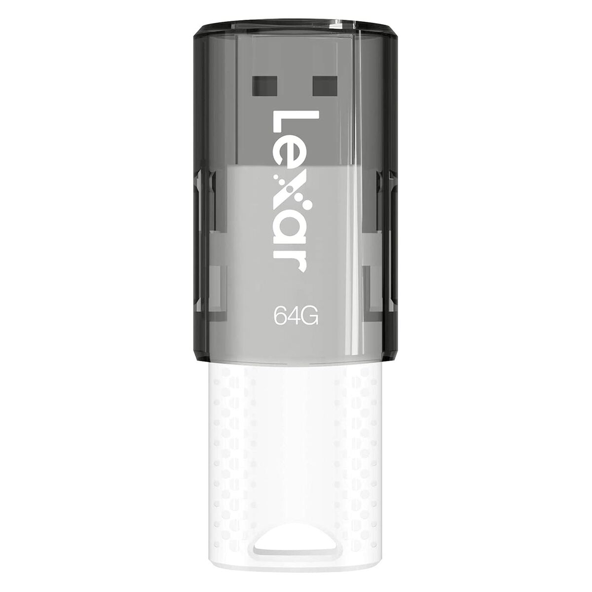 Unità flash USB Lexar 64G con una parte superiore grigia trasparente e una parte inferiore bianca.