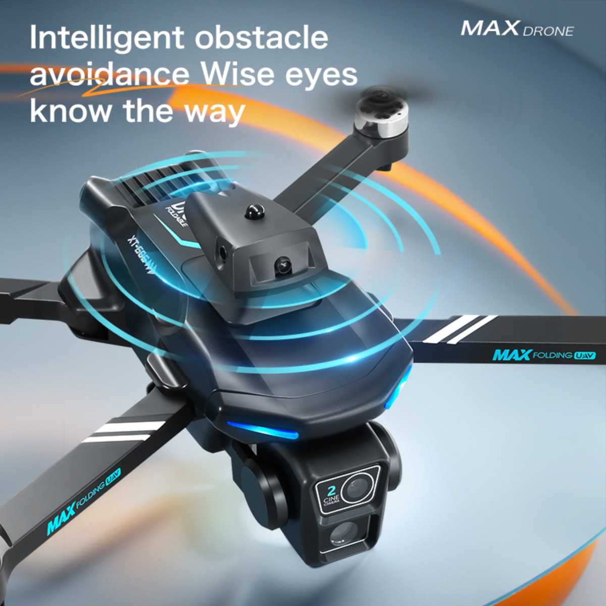 Eine schwarze Drohne mit blauen Lichtern, den Worten MAX DRONE und MAX FOLDING UAV.