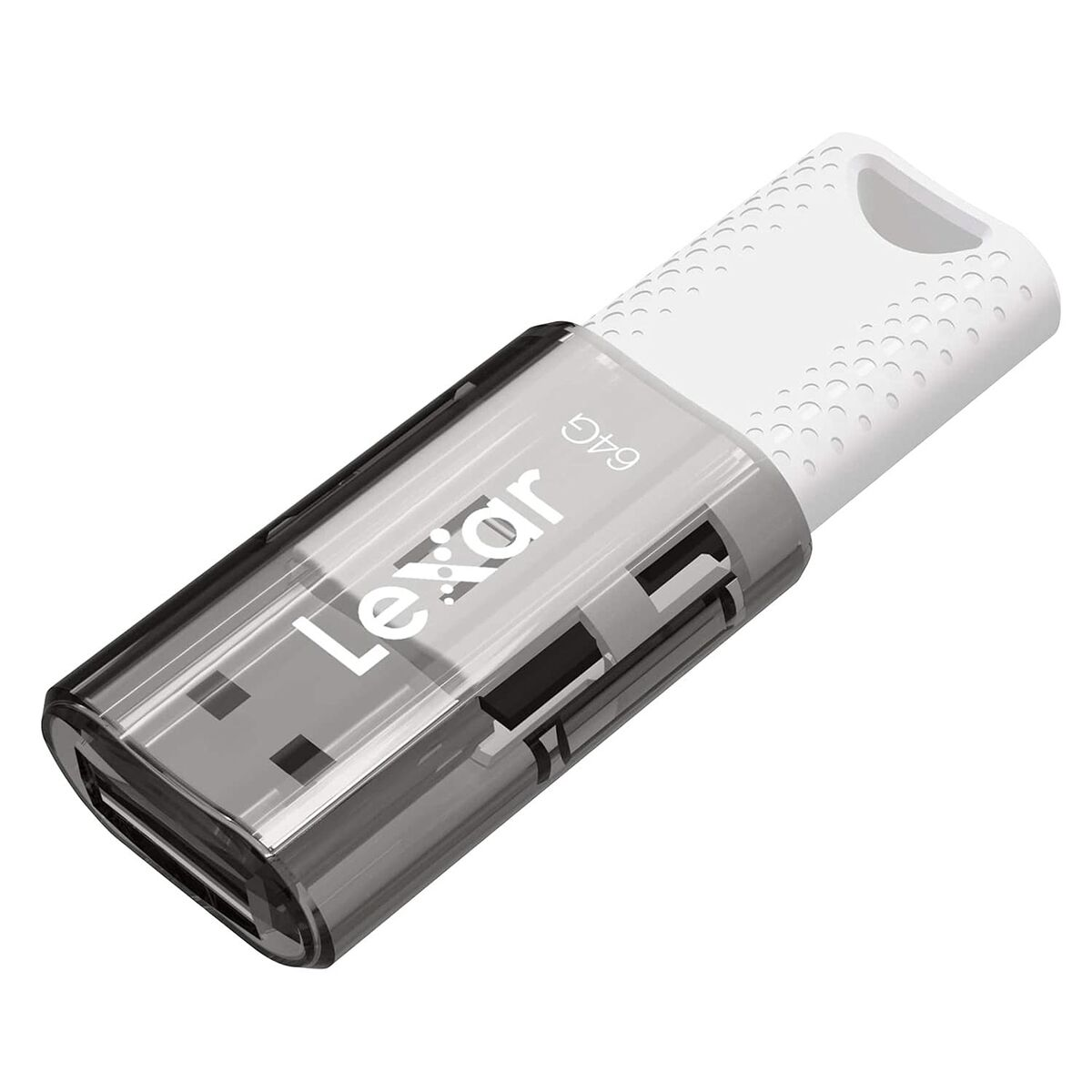 Un'unità flash USB Lexar da 64 GB, custodia in plastica trasparente con estremità bianca.