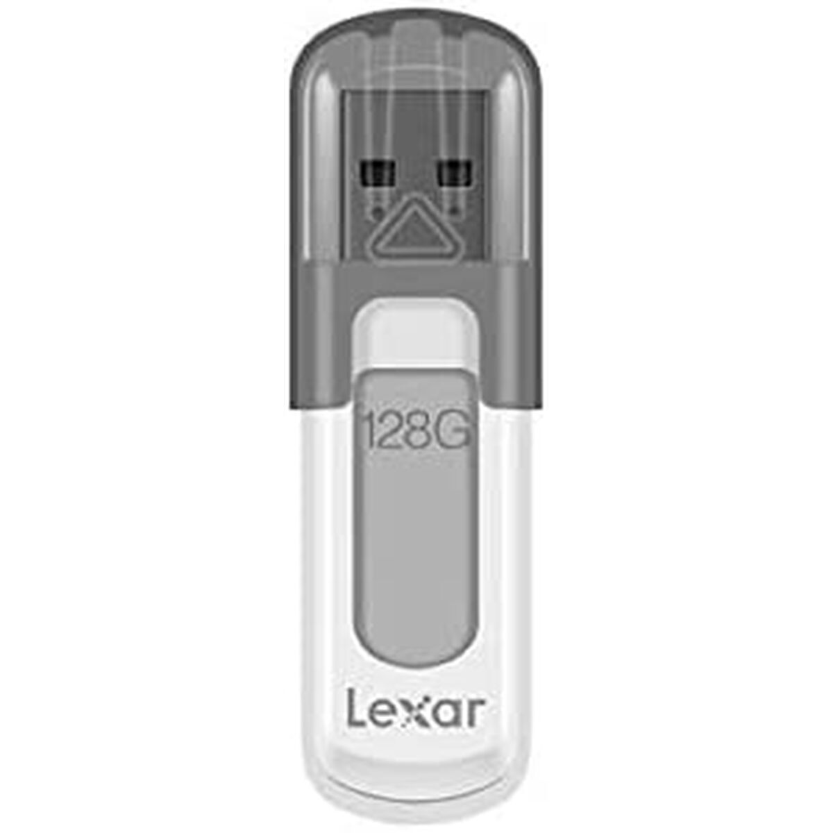 Ein weißer und grauer USB-Stick mit durchsichtiger Kappe und Lexar-Logo.