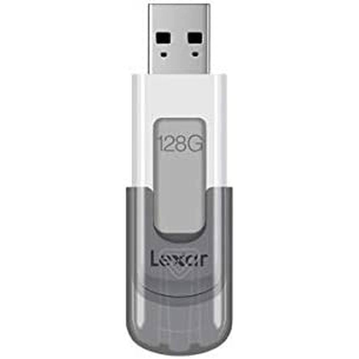 Ein weißer und grauer USB-Stick mit den Aufschriften '128G' und 'Lexar'.