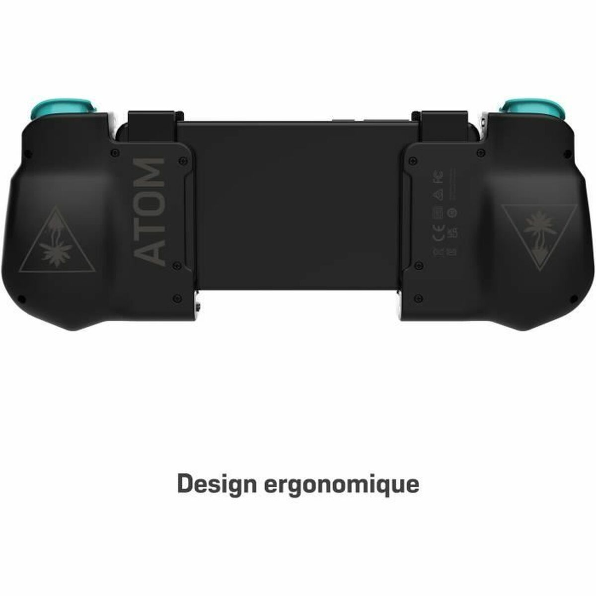 Un controller di gioco nero con un supporto centrale per telefono e la parola 'ATOM' sul lato, su sfondo nero.