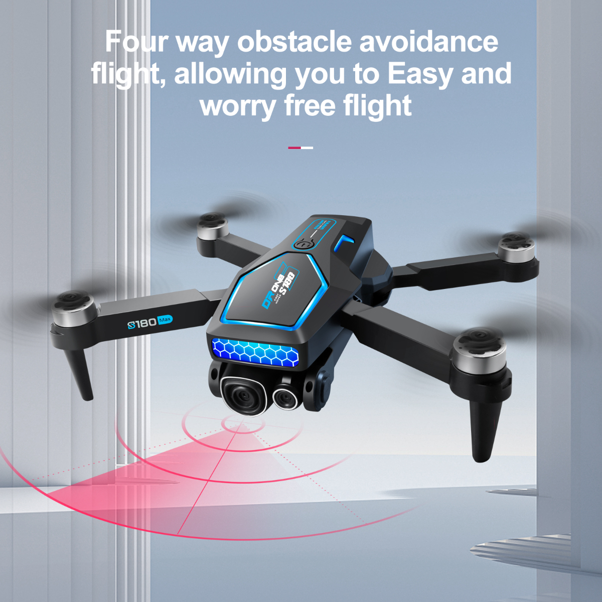 Schwarze Drohne mit vier Propellern, Kamera und blauen LED-Leuchten, flugbereit.