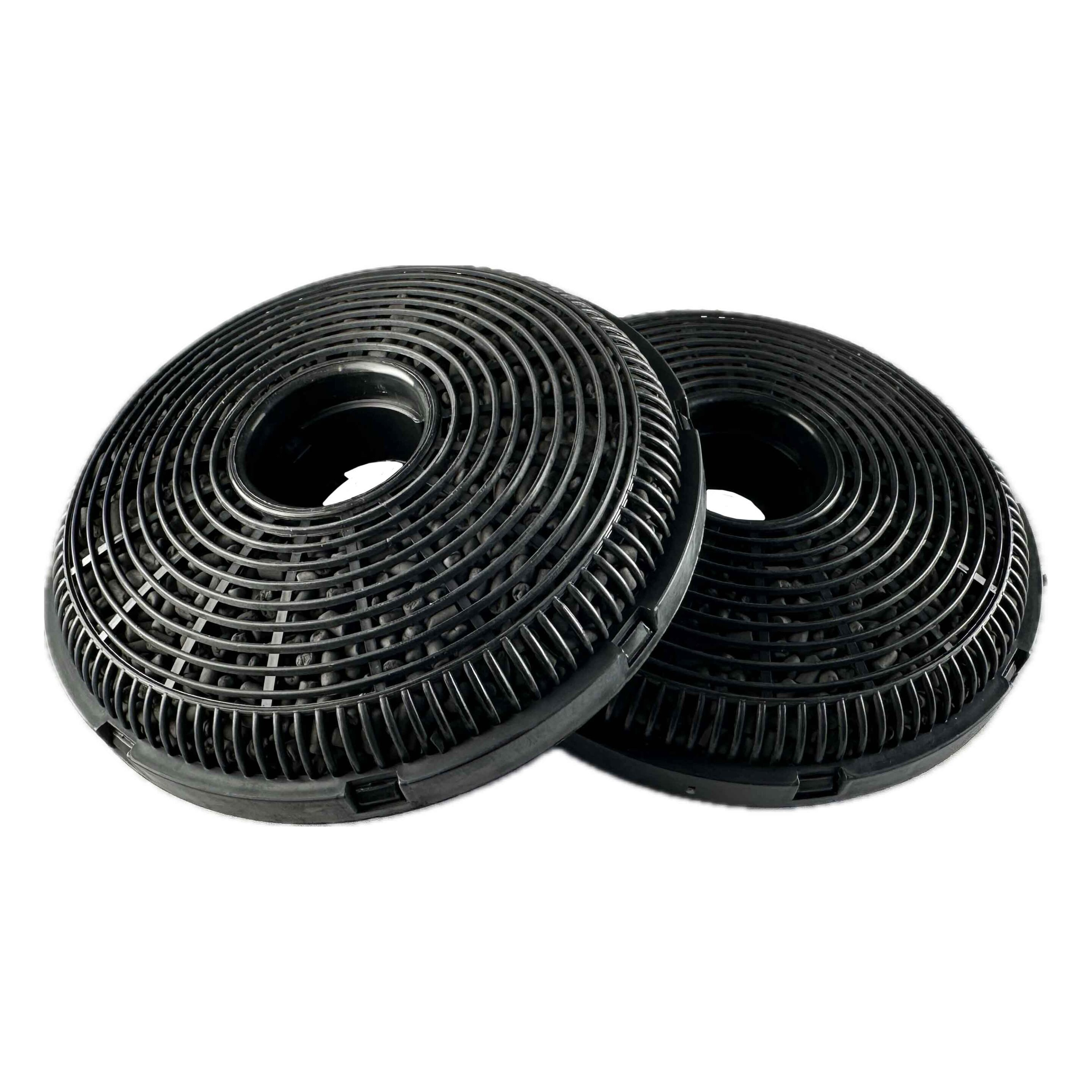 Zwei schwarze, kreisförmige Aktivkohlefilter mit Maschendesign. Sie haben mittlere Löcher und sind auf weißem Grund.