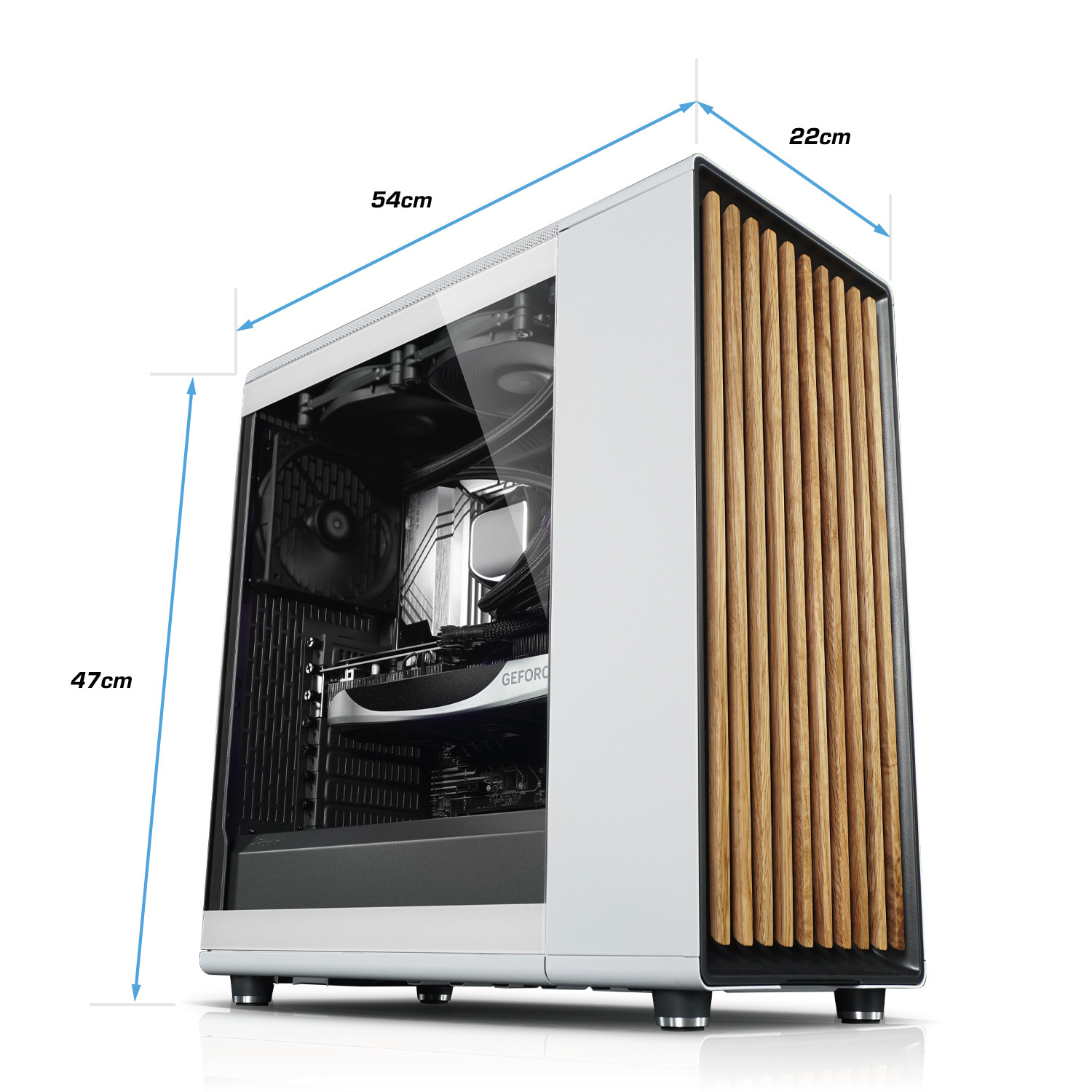 Un boîtier d'ordinateur blanc avec un panneau latéral en verre, un panneau en bois et des dimensions indiquées.