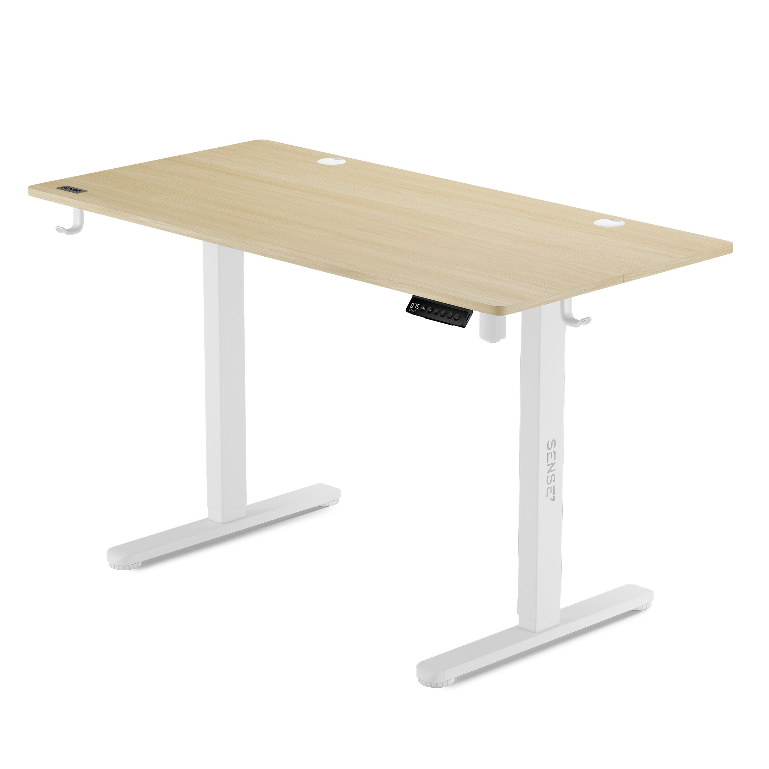 Scrivania in piedi, piano in legno chiaro, gambe bianche. Con display digitale.