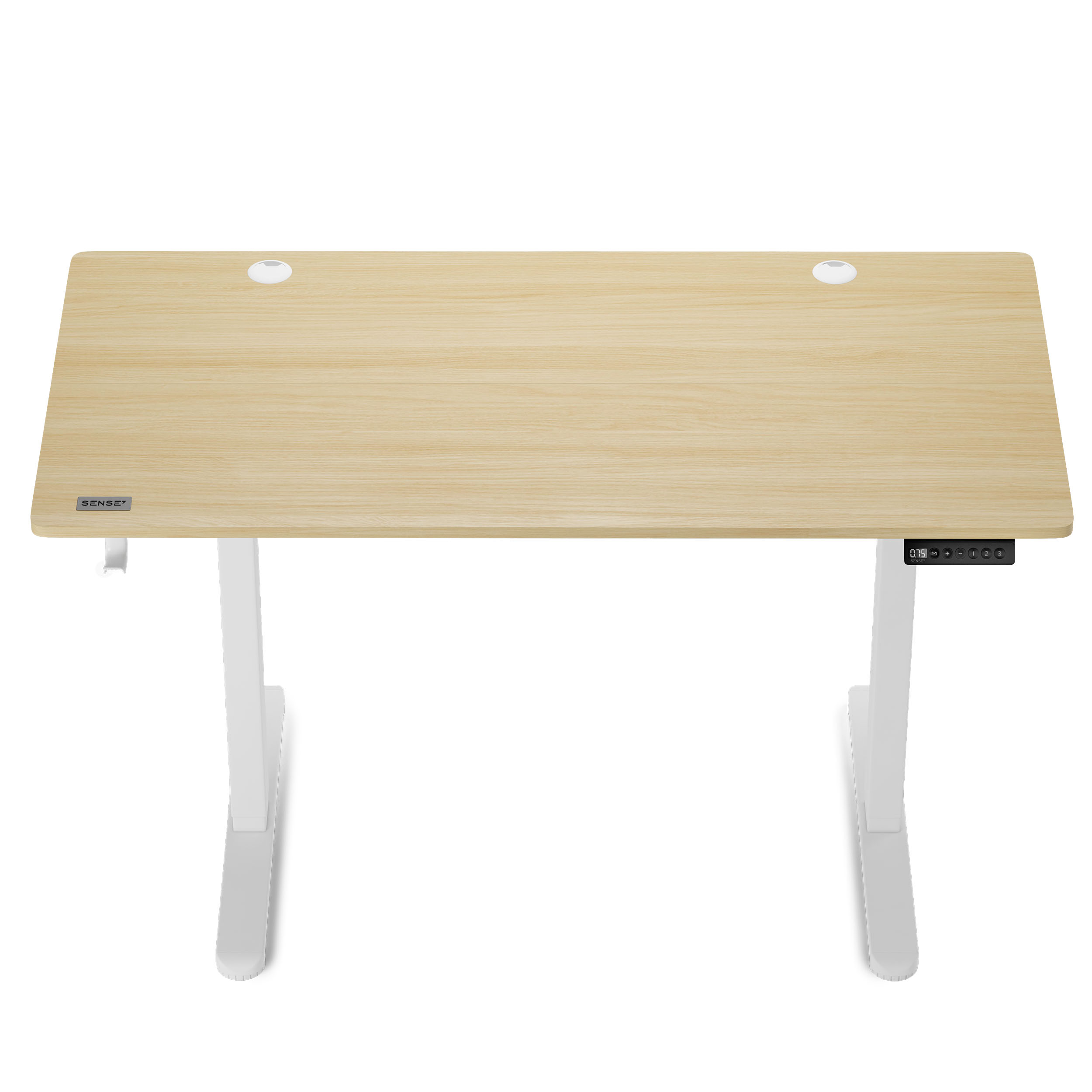 Scrivania da ufficio color legno chiaro con gambe bianche e due fori sulla superficie, sfondo bianco.