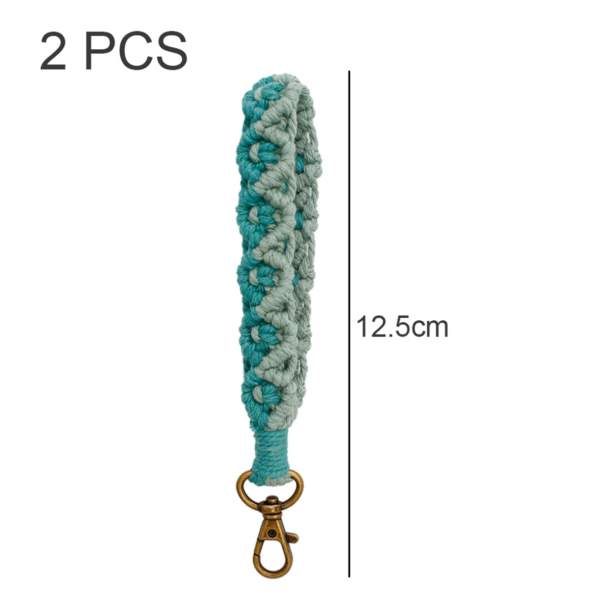 Zwei türkisfarbene und graue Makramee-Handgelenkschlaufen mit Goldverschluss. Größe: 12,5 cm.