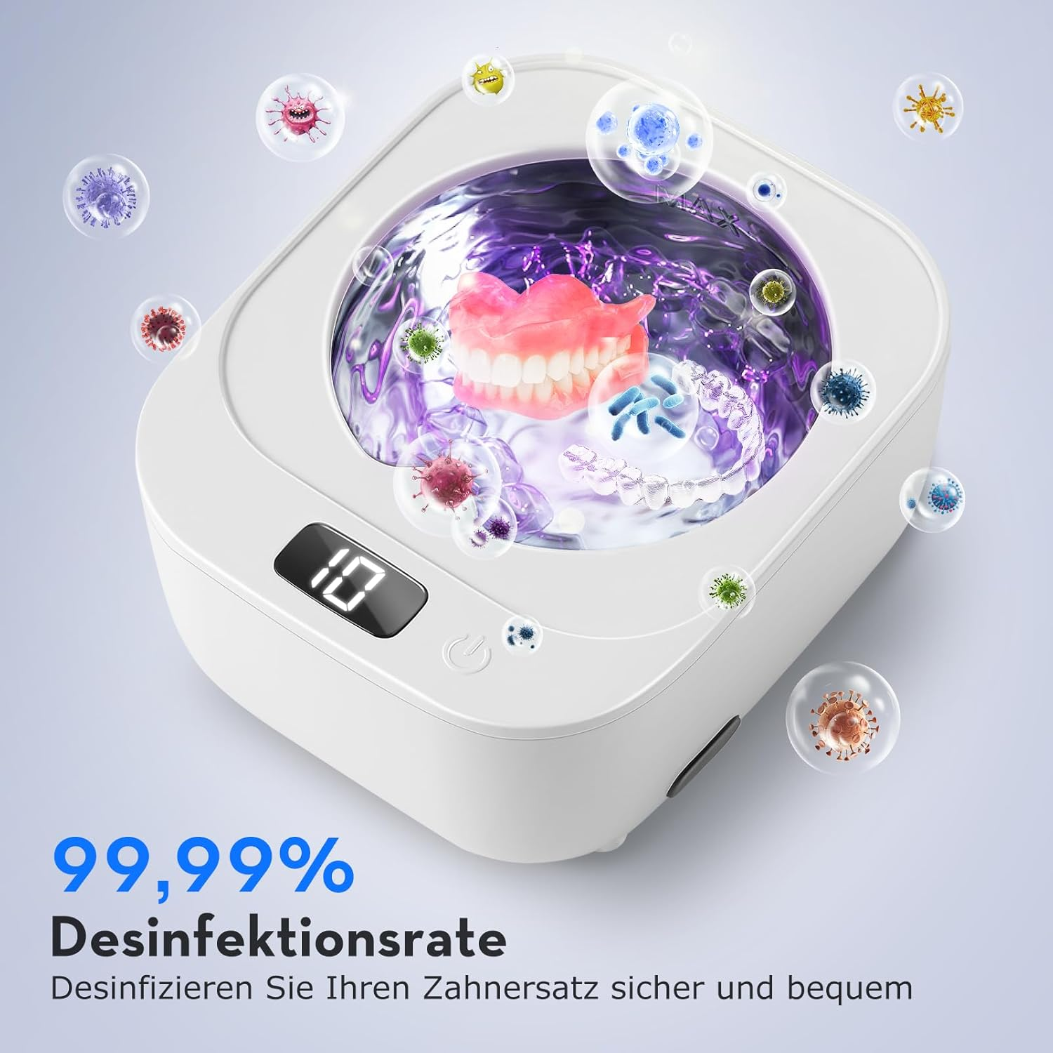 Weißer Zahnersatzreiniger mit Prothesen und schwebenden Keimen. Zeigt die Reinigungszeit an.