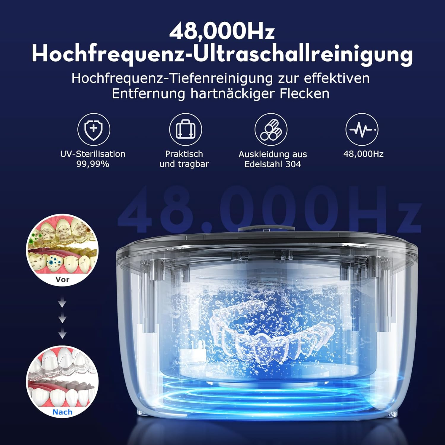 Zahnreinigungsgerät. Klarer Tank mit Wasser, Zähne-Illustration davor/danach. Blauer Hintergrund.