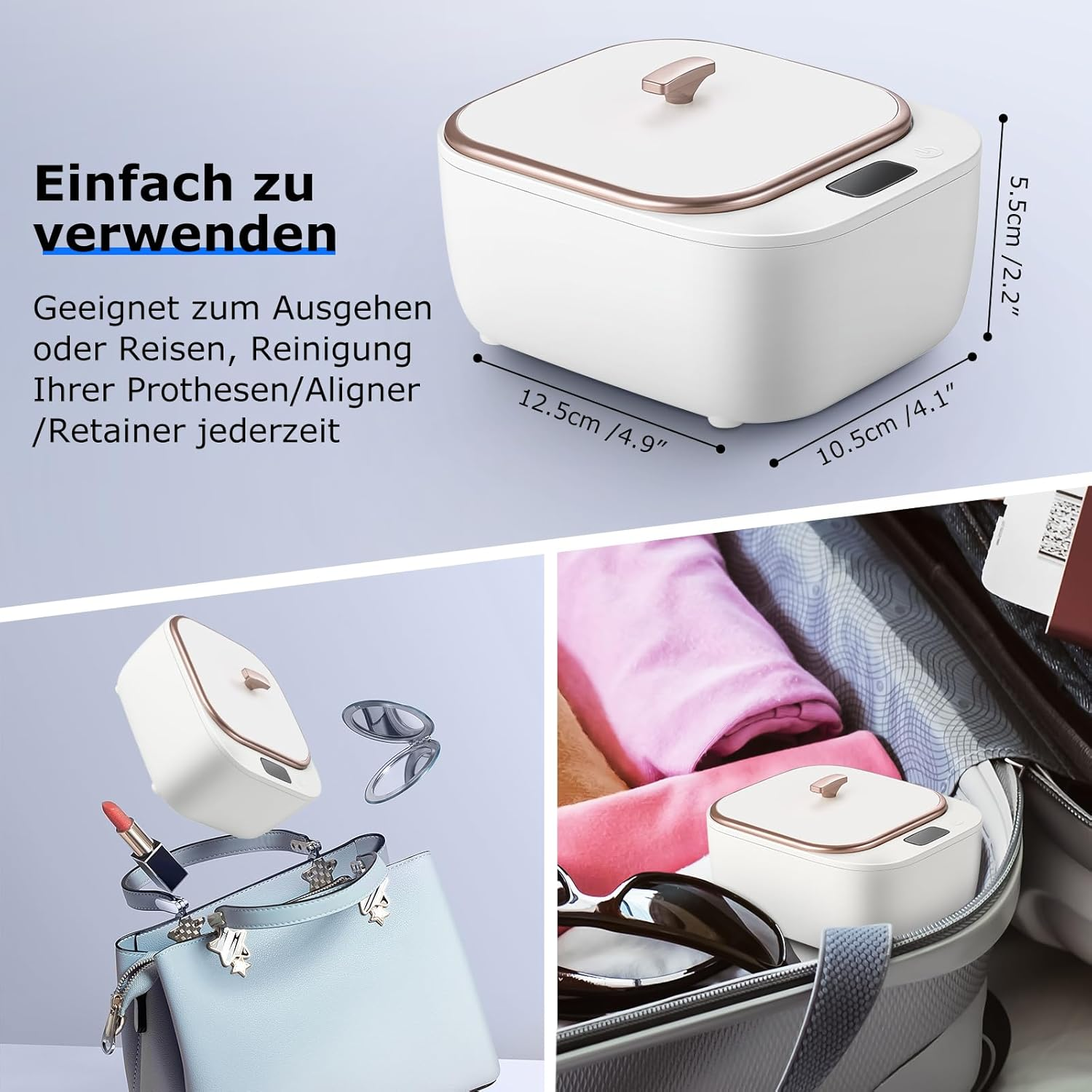 Ein weißes Reinigungsgerät mit Abmessungen und Anwendungsbildern. Text: Einfach zu bedienen.
