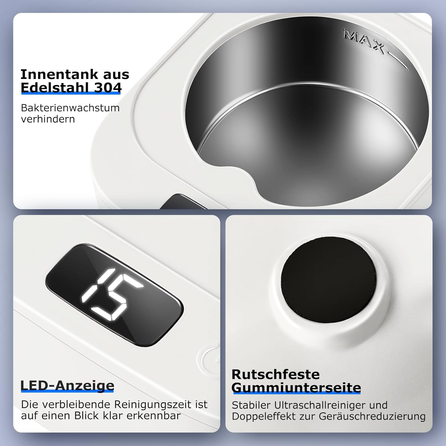 Weißer Ultraschallreiniger mit Digitalanzeige, Edelstahlbehälter und Basis.