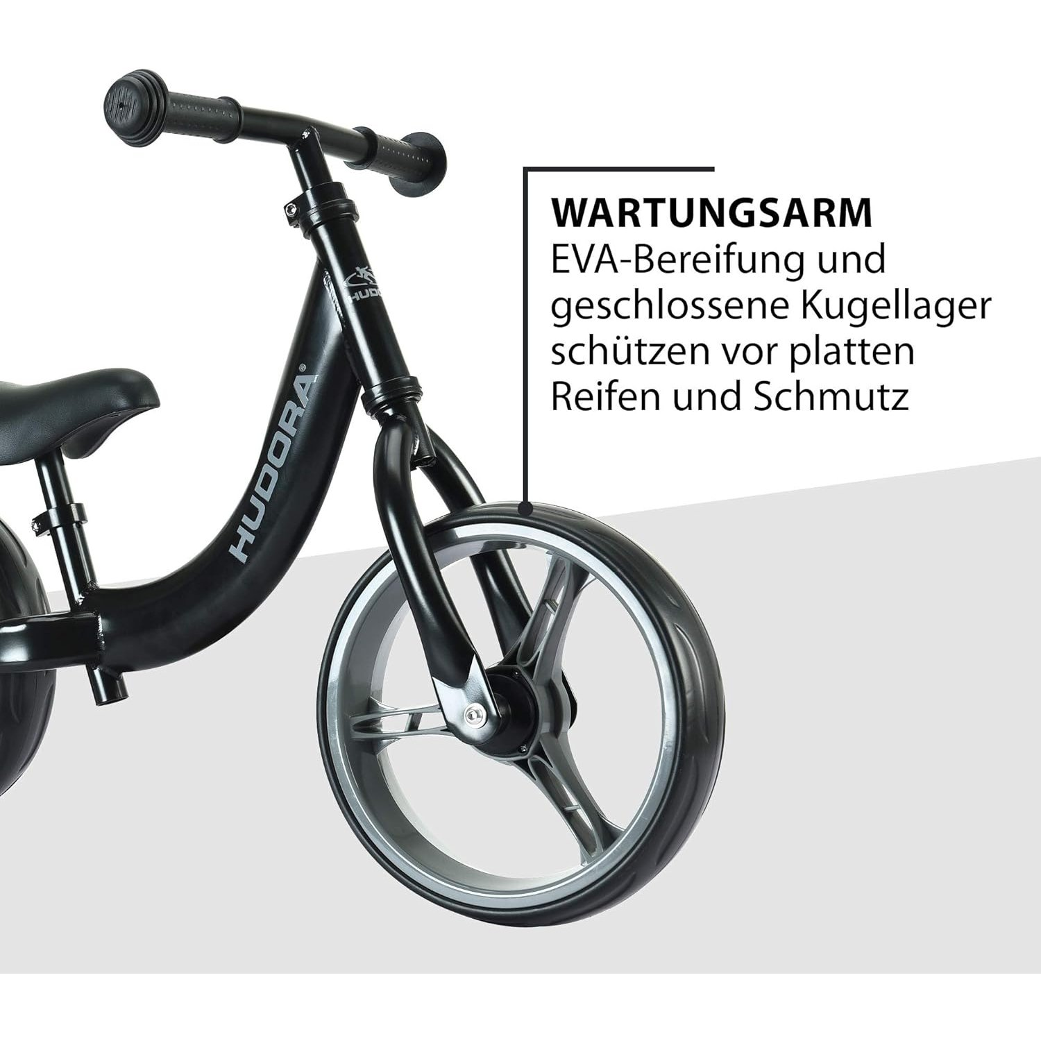 Schwarzes Laufrad mit Raddetail, Text über die Wartung.