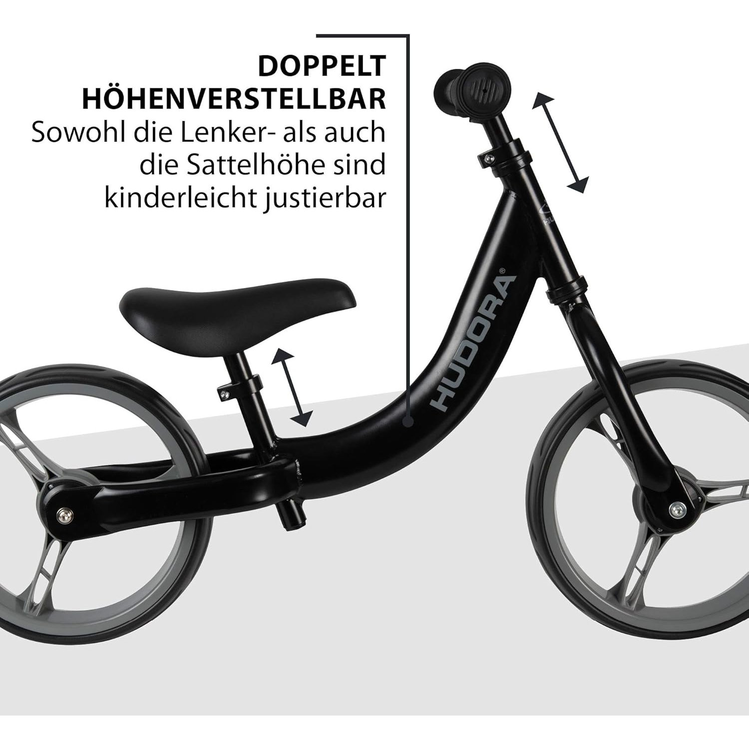 Schwarzes Laufrad mit grauen Rädern, Text zeigt verstellbare Sitz- und Lenkerhöhe.