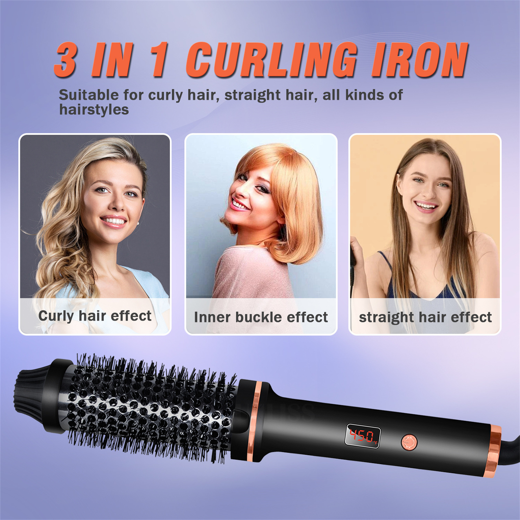 Ein Bild eines Lockenstabs mit Fotos von drei Frauen, die seine Effekte auf verschiedene Frisuren veranschaulichen. Der Text lautet '3 in 1 Lockenstab'.