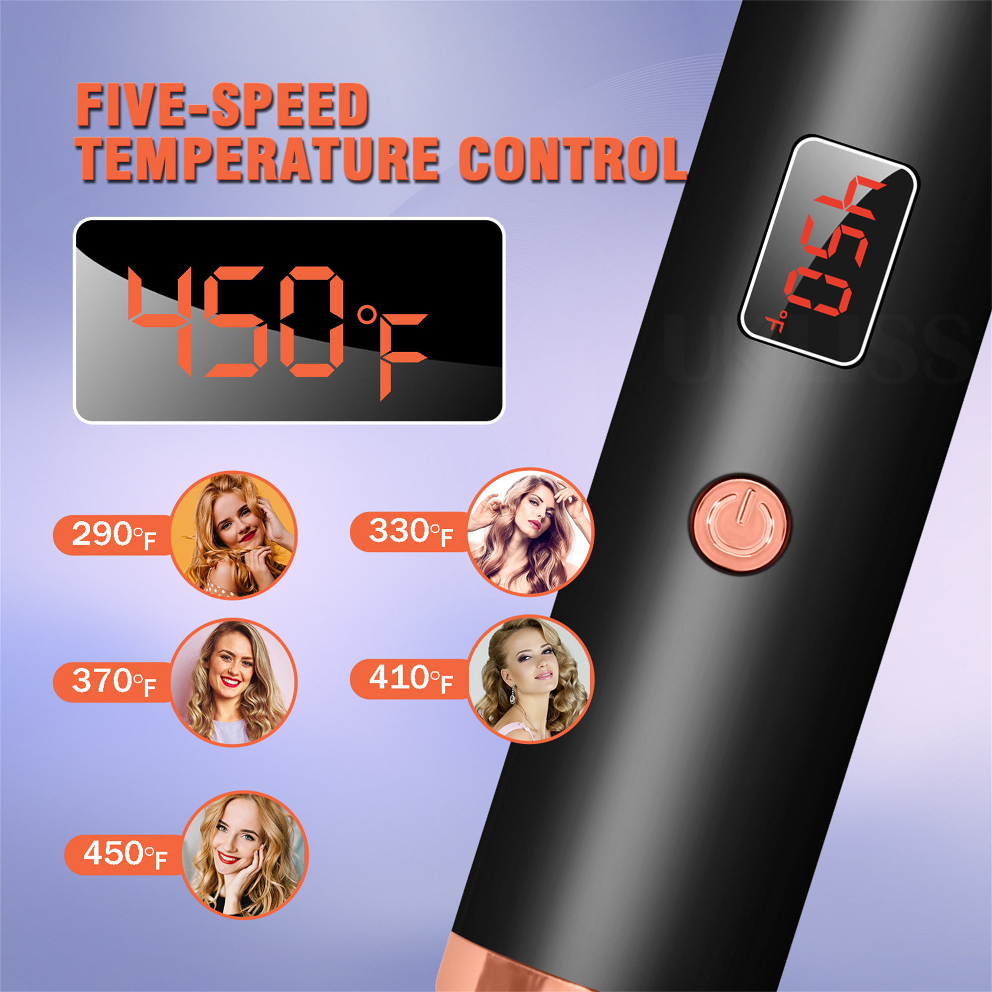 Ein schwarzer Lockenstab mit Temperatureinstellungen. Das Display zeigt 450°F. Fünf Frauenporträts sind abgebildet.