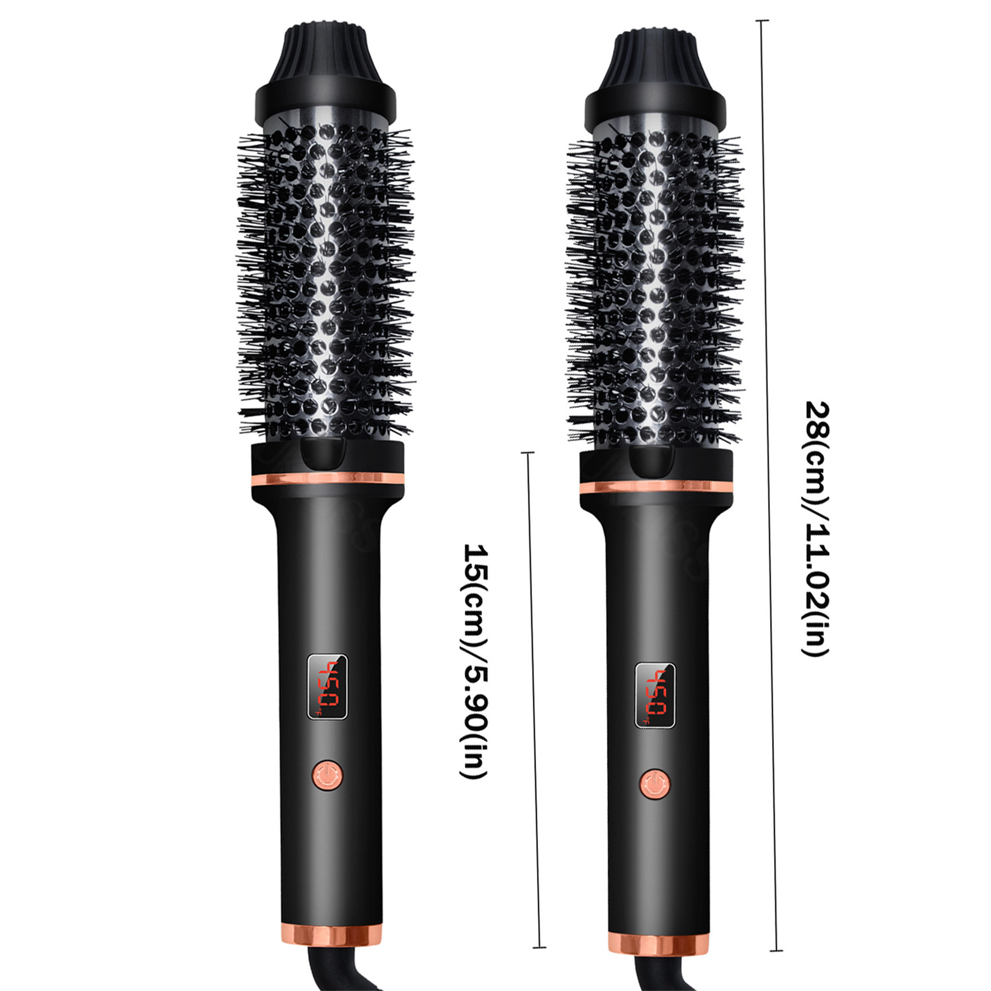 Zwei schwarze Haarglättungsbürsten mit Abmessungen. Eine ist 15 cm/5,90 Zoll, die andere 28 cm/11,02 Zoll.
