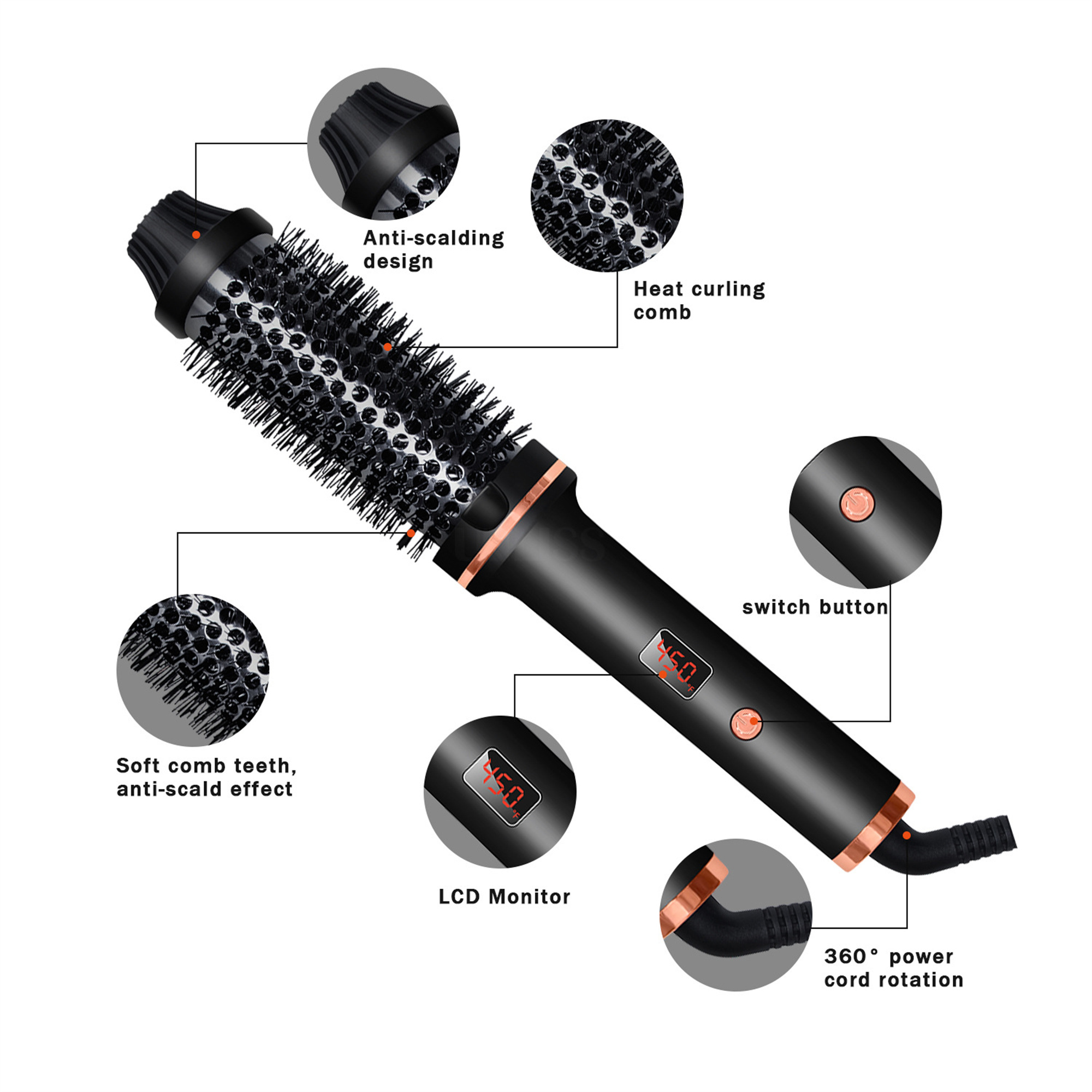 Schwarzer Haarstyler mit Text und Etiketten für seine Funktionen.