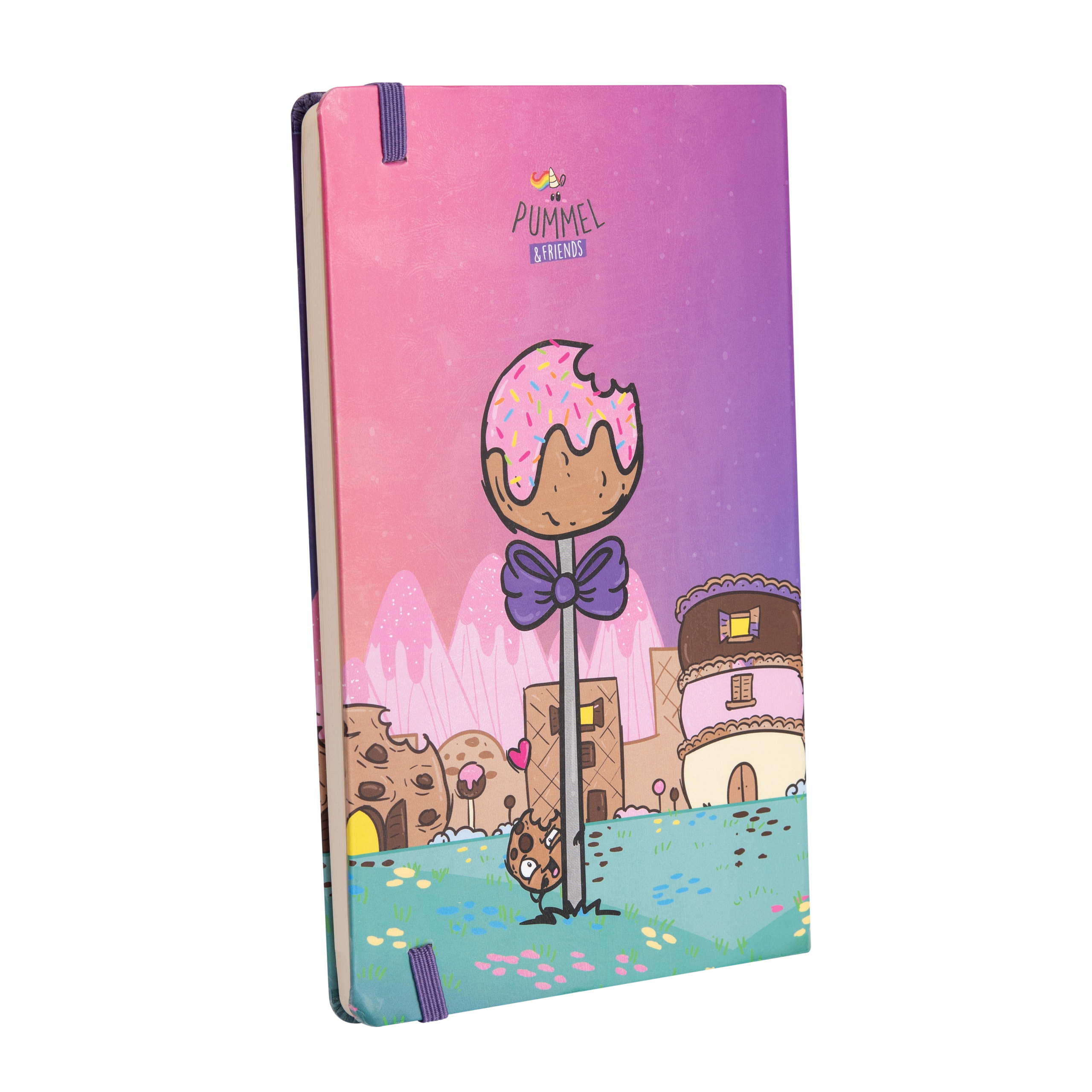 Ein geschlossenes Notizbuch mit einer bunten Illustration eines Lollipops, eines Hauses und Keksen auf dem Umschlag.