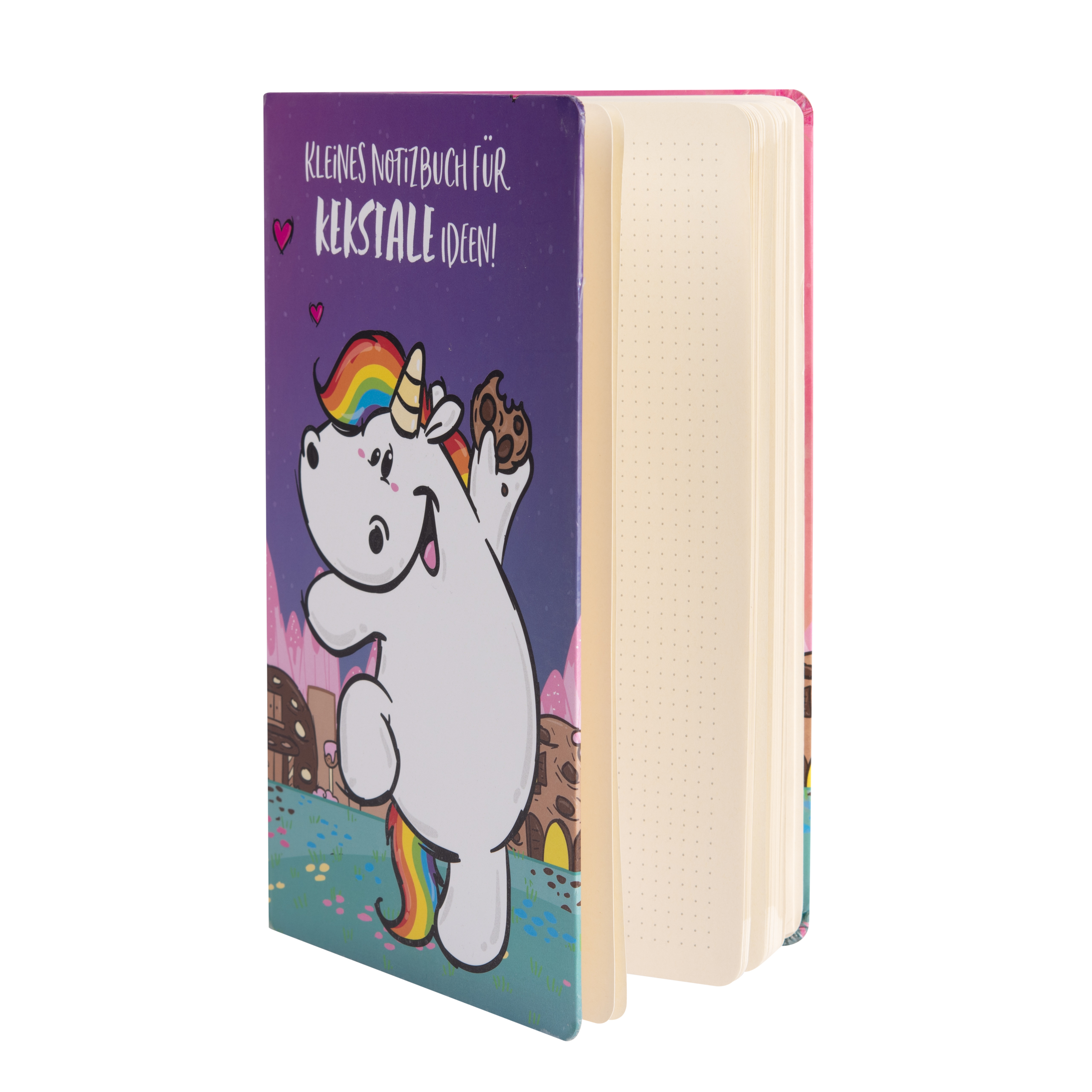 Notizbuch mit Einhorn-Cover, offen auf leeren Seiten. Lila Hintergrund, rosa Rand.