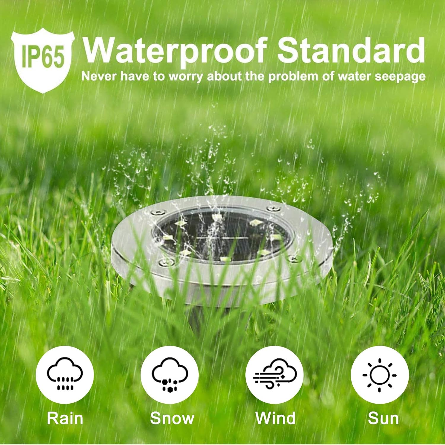 Solar-Gartenleuchte im Gras, mit Wassertropfen. Symbole für Regen, Schnee, Wind und Sonne sind enthalten.