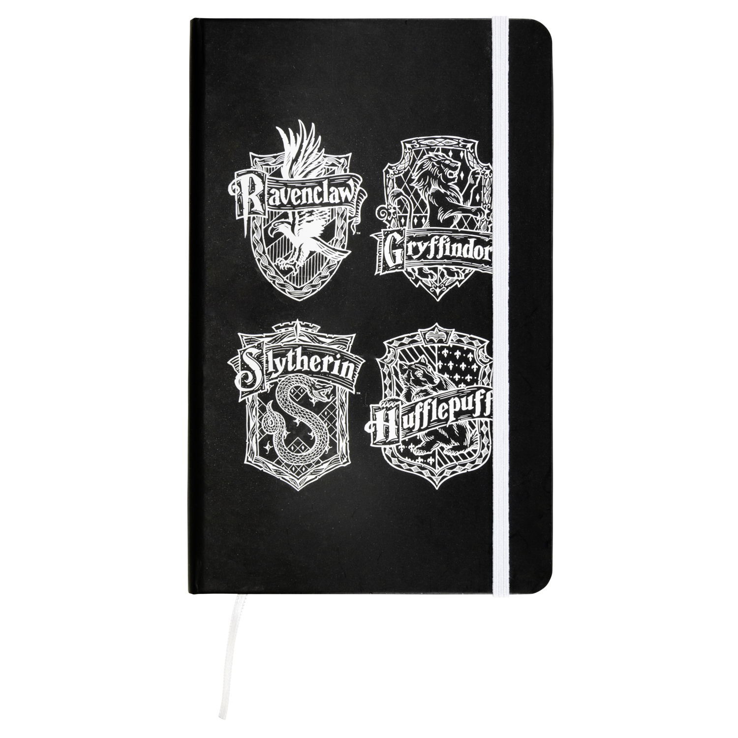 Schwarzes Notizbuch mit vier weißen Wappen: Ravenclaw, Gryffindor, Slytherin, und Hufflepuff.