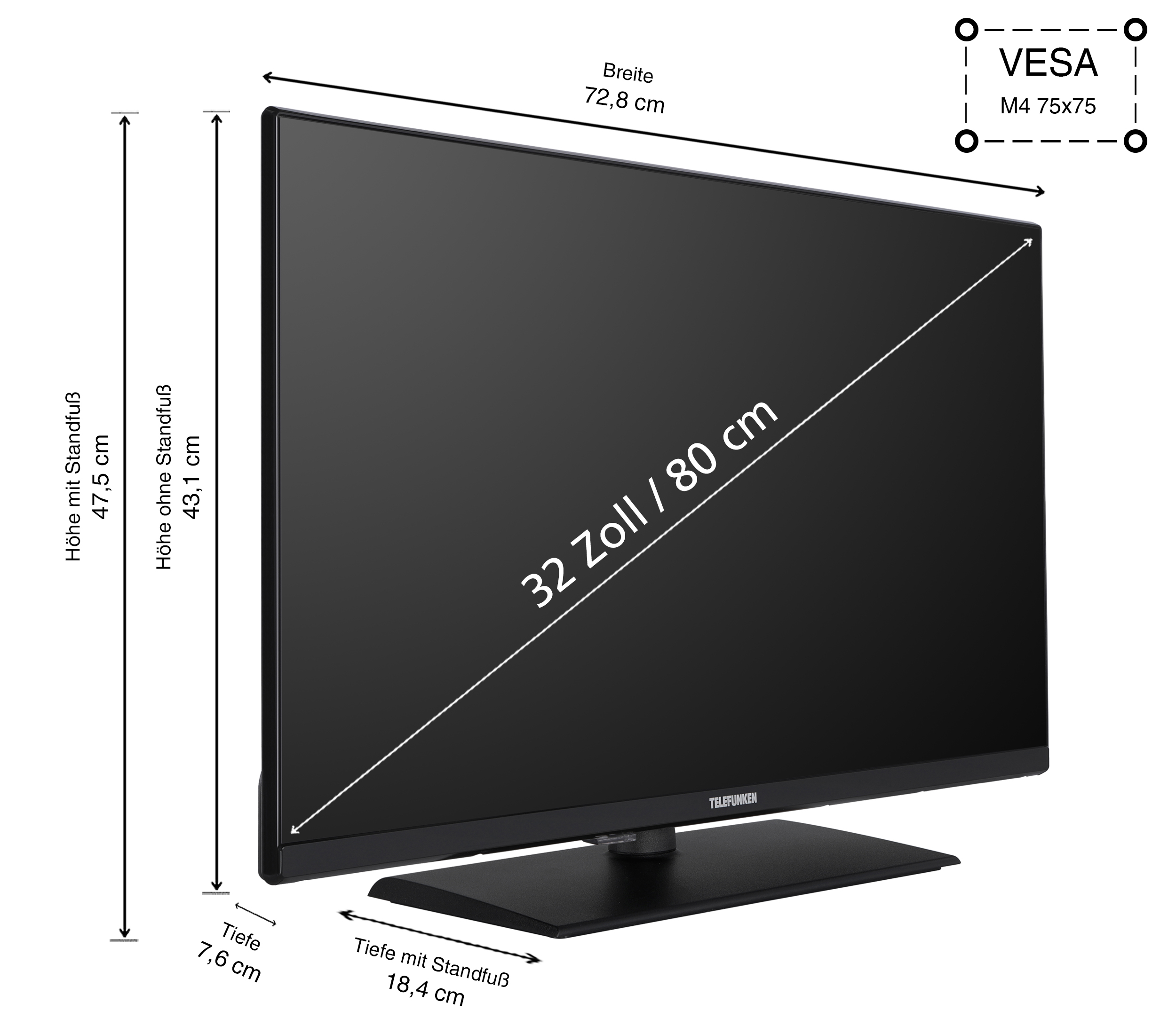 Ein schwarzer Fernseher mit Abmessungen und VESA-Spezifikationen, die auf weißem Hintergrund angezeigt werden. Der Fernseher steht auf einem schwarzen Ständer.