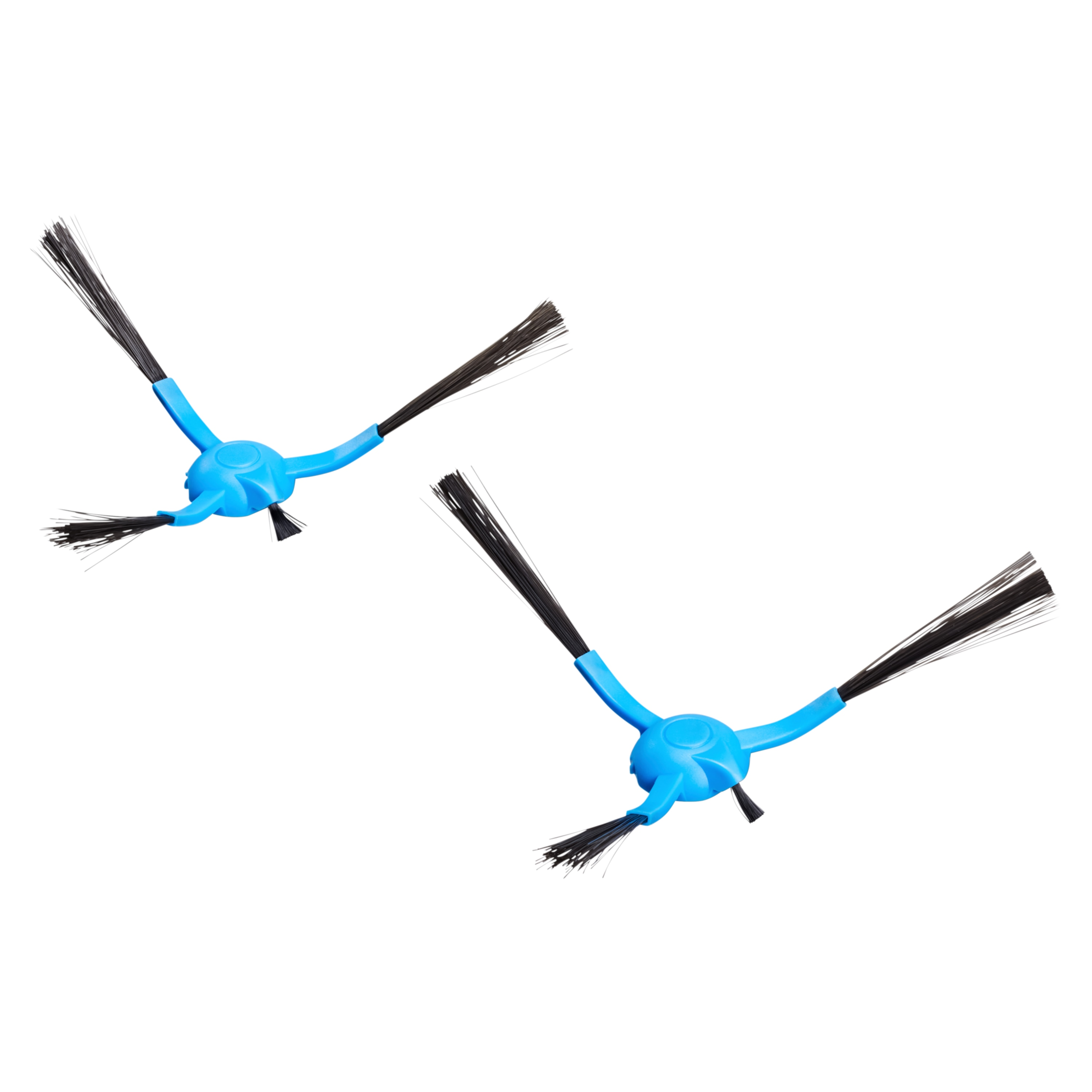 Twee blauwe robotstofzuigerborstels met zwarte borstelharen, geïsoleerd op een witte achtergrond.
