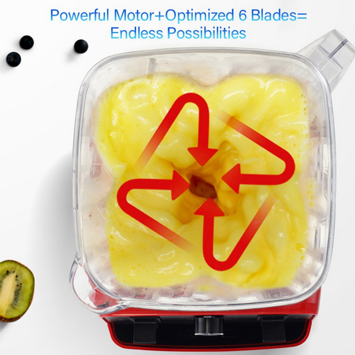 Licuadora con contenido amarillo y flechas rojas, con kiwi y arándanos cerca.