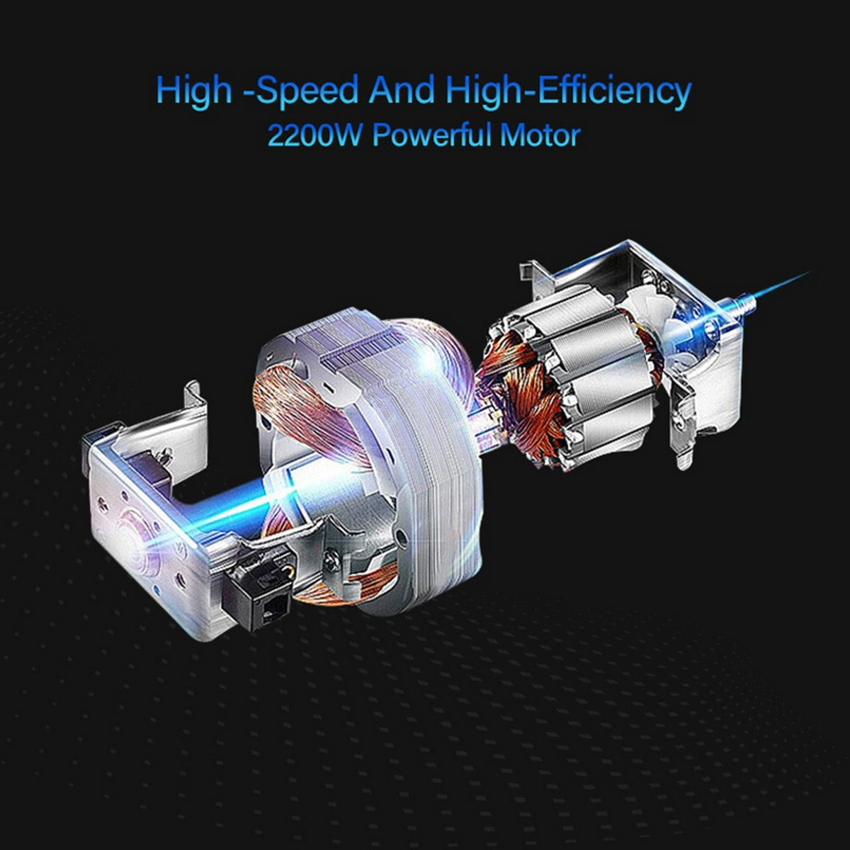 Vista interna de un motor eléctrico con bobinas de cobre y un efecto de luz azul.