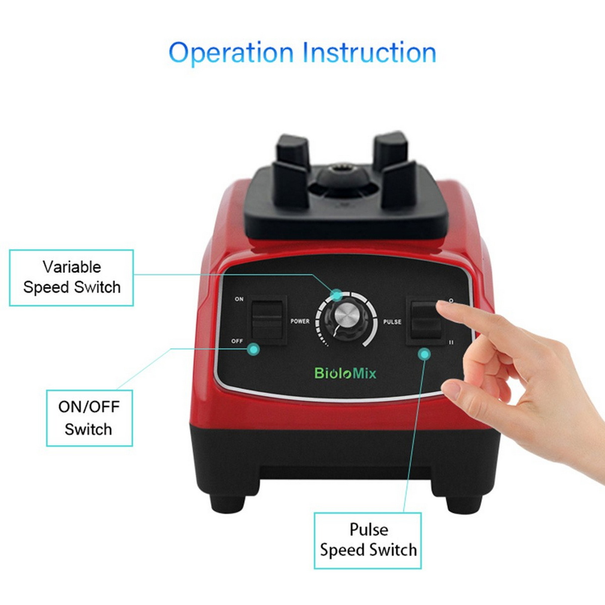 Licuadora roja y negra con botones etiquetados: ENCENDIDO/APAGADO, Velocidad Variable y Velocidad de Pulso. Una mano interactúa con ella.