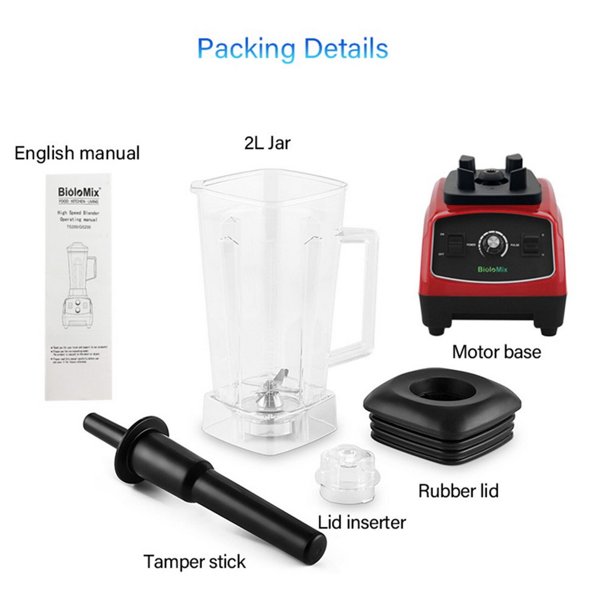 Una licuadora con sus partes: manual, jarra, base, tapa, inserto de tapa y varilla.
