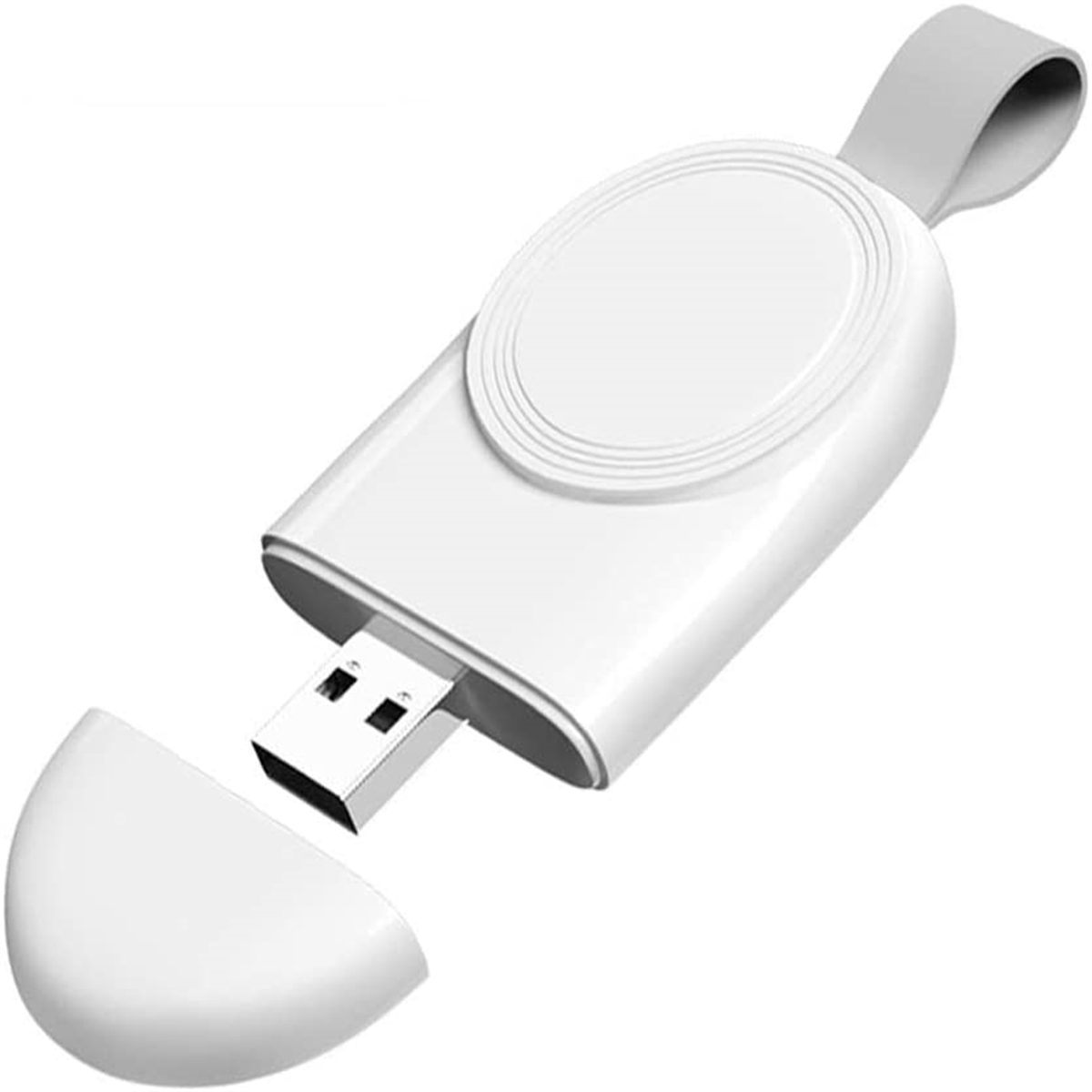Weißer USB-Stick mit grauem Riemen und abgenommener Kappe.