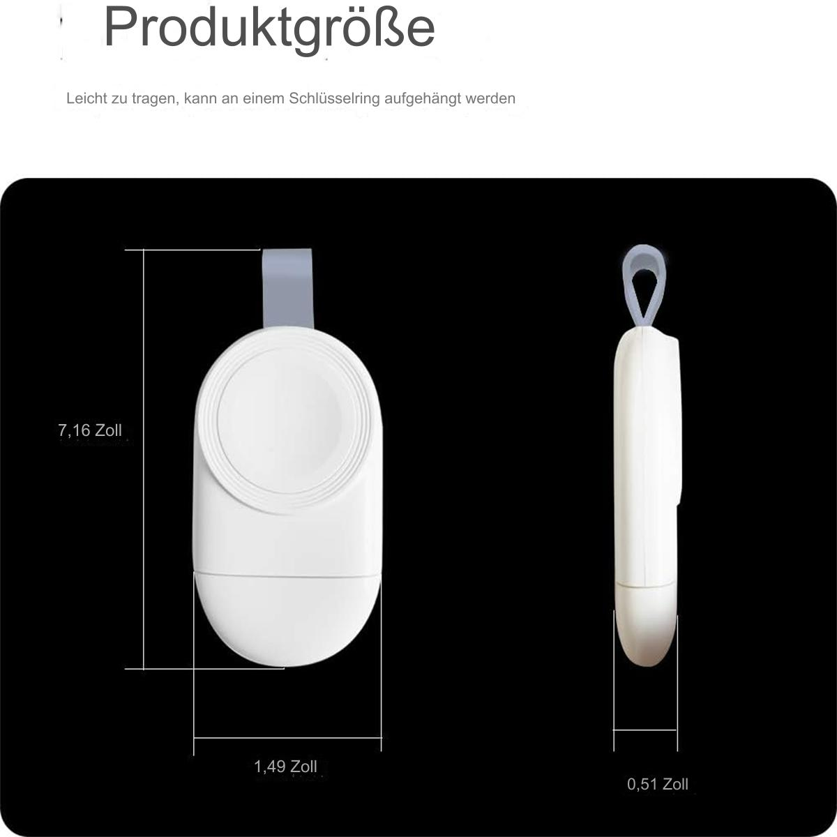 Weißes Gerät mit Bildschirm, Schlaufe und Abmessungen auf schwarzem Hintergrund. Das Gerät scheint eine Smartwatch zu sein.