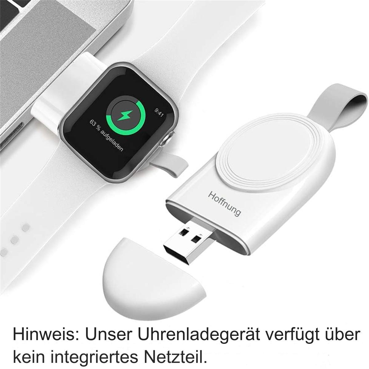 Eine weiße Apple Watch wird auf einer weißen Ladestation aufgeladen. Es zeigt 63% aufgeladen und hat einen grünen Blitz.