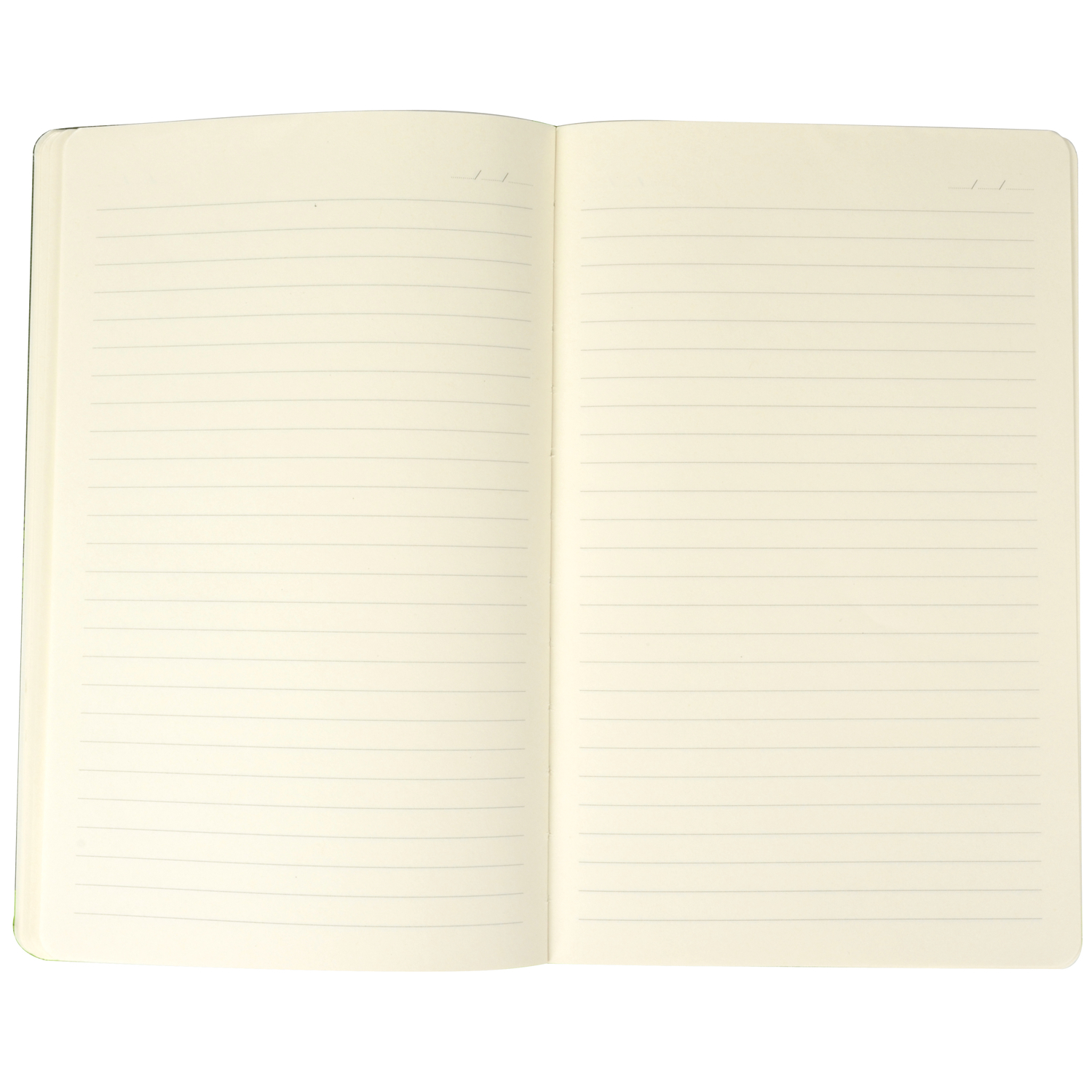 Offenes liniertes Notizbuch mit cremefarbenen Seiten.