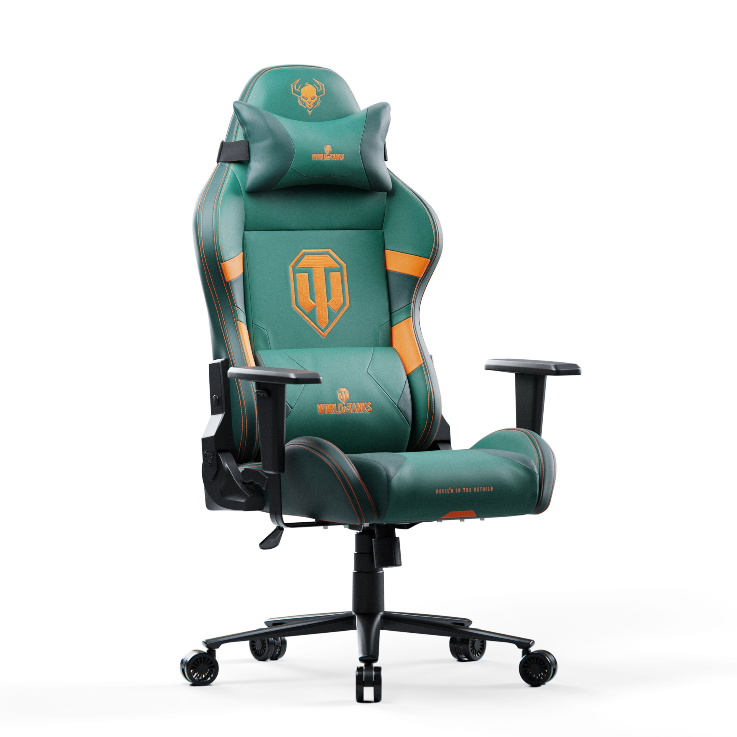 Grüner und schwarzer World of Tanks Gaming-Stuhl. Hat orangefarbene Akzente und eine Kopfstütze.