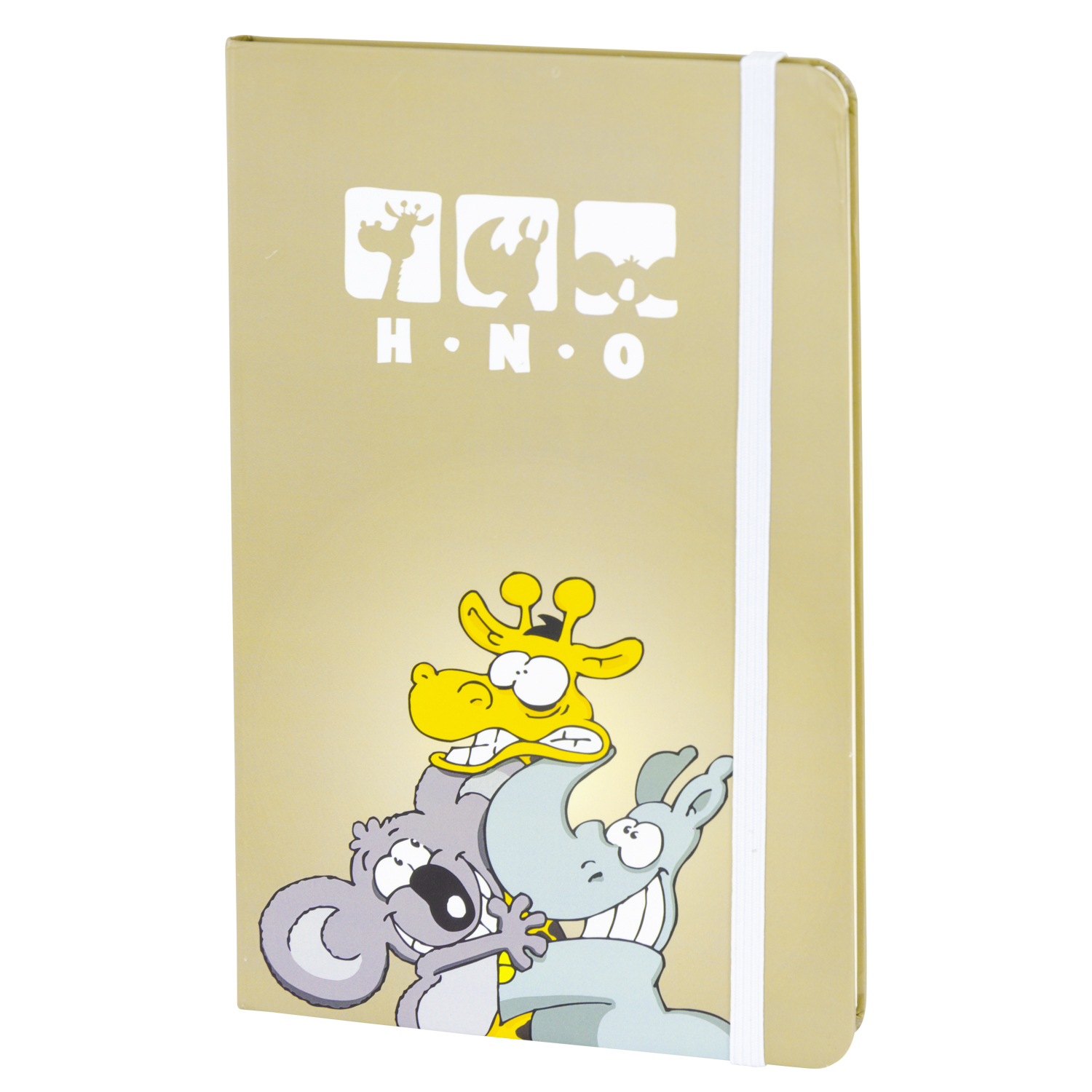 Notizbuch mit Illustration von Zeichentieren. Das Cover ist golden, mit einem weißen Gummiband an der Seite.