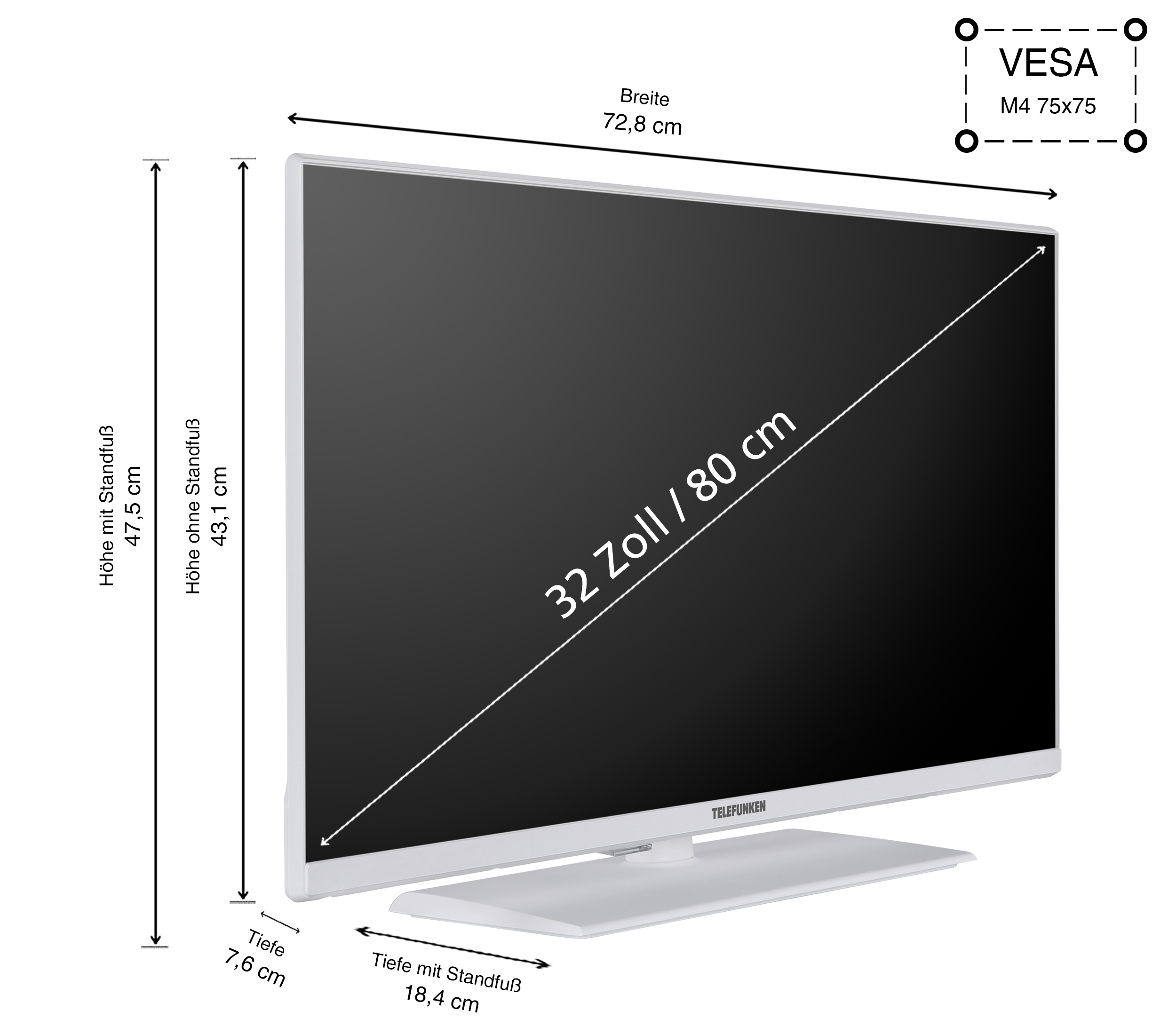 Ein weißer 32-Zoll-Fernseher mit Abmessungen und Spezifikationen. Die Marke Telefunken ist unten sichtbar.