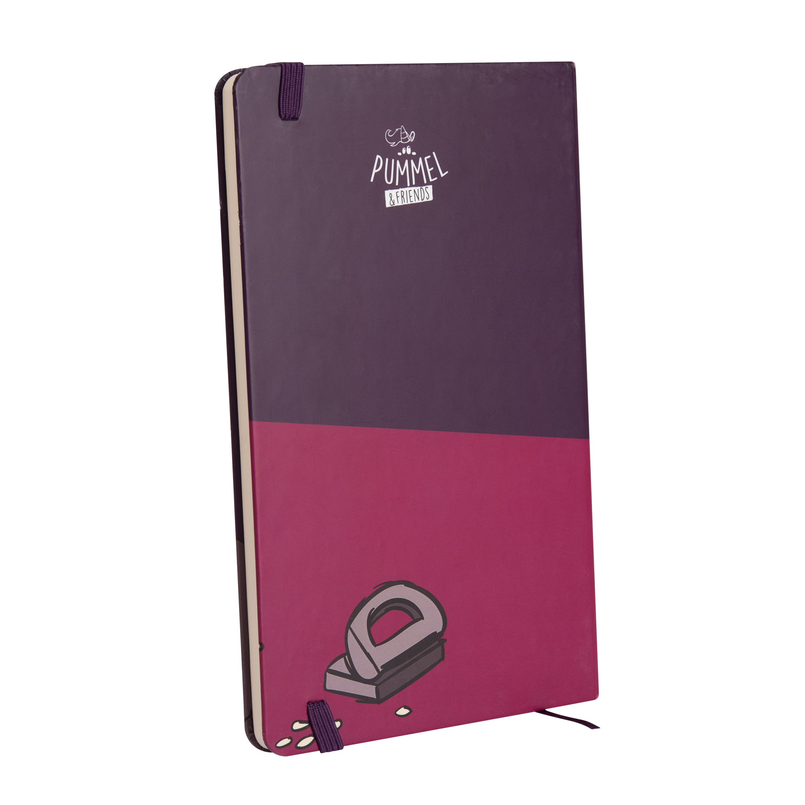 Ein lila Notizbuch mit Logo. Es hat ein lila Gummiband zum Verschließen. Der Hintergrund ist weiß.
