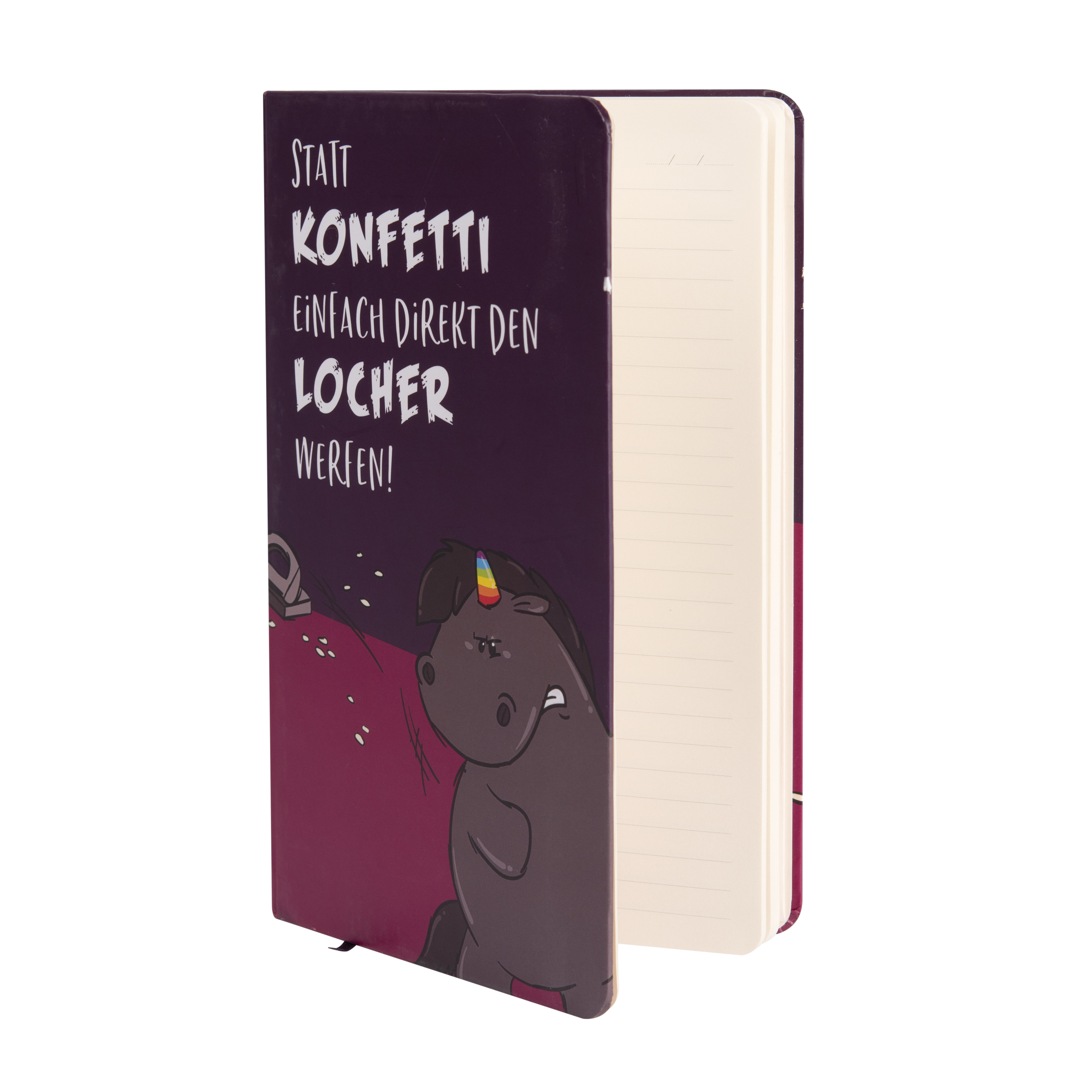 Notizbuch mit Einhorn-Illustration und deutschem Text. Aufgeschlagen.
