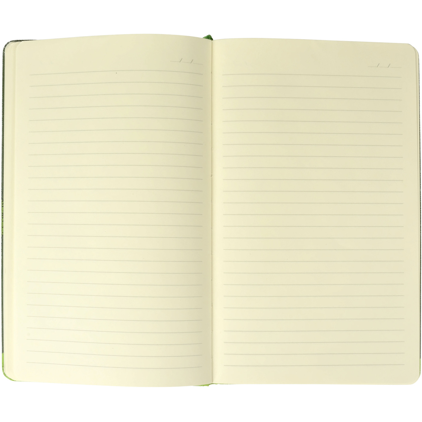 Ein offenes Notizbuch mit linierten Seiten, bereit zum Schreiben. Die Seiten sind vergilbt, und die Bindung ist grün.