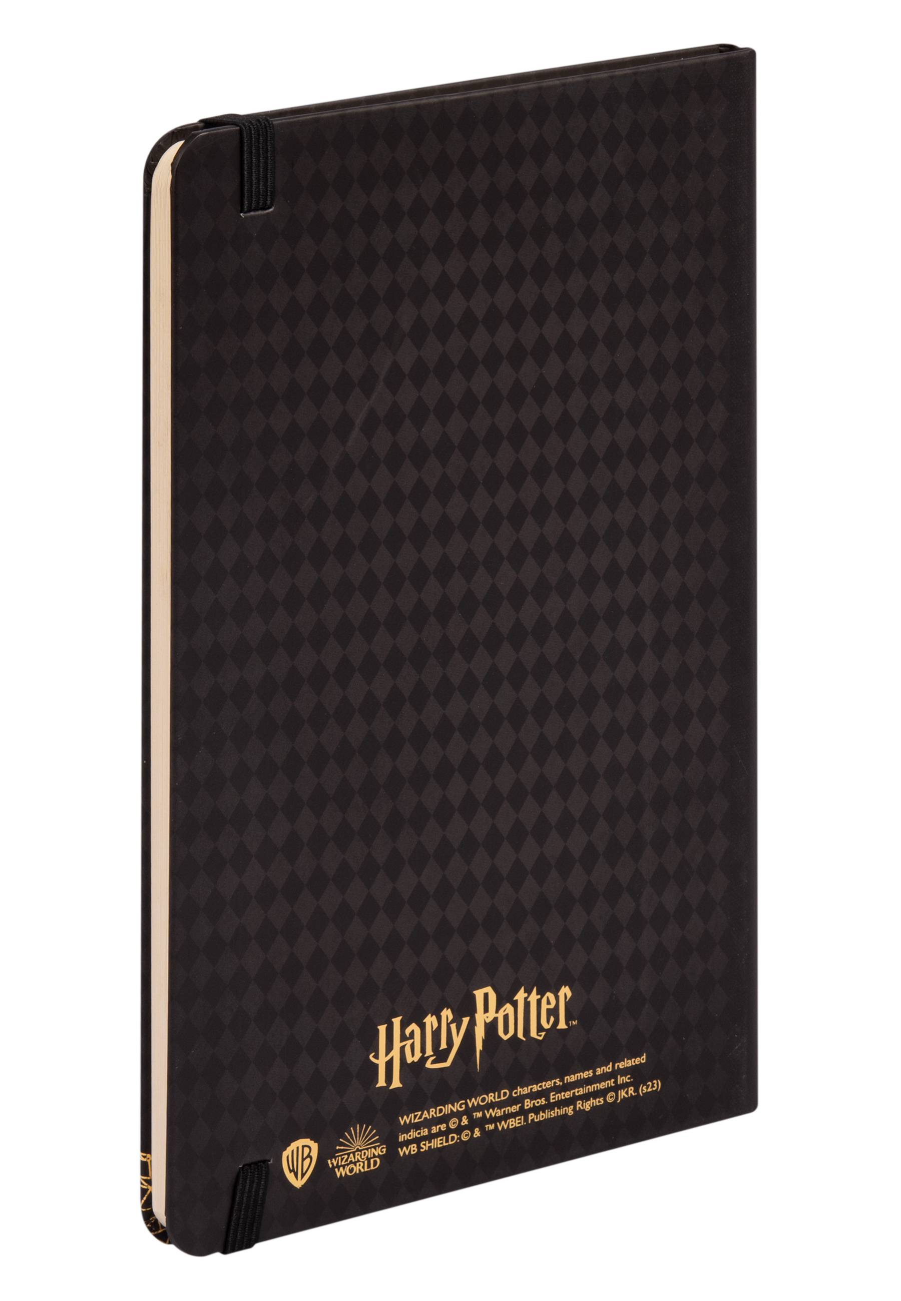 Schwarzes Harry-Potter-Buch mit Rautenmuster, goldener Schrift. Weißer Hintergrund.