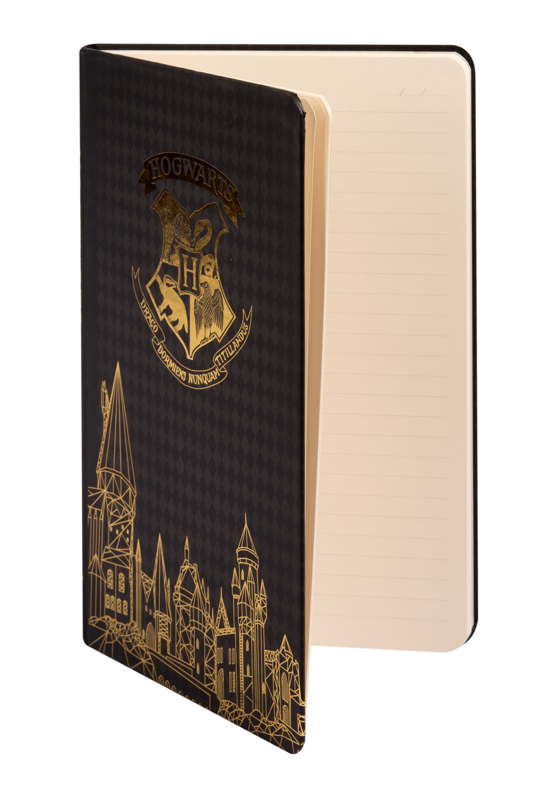 Ein offenes Notizbuch im Hogwarts-Design mit dem Schullogo und goldenen Akzenten, isoliert auf Weiß.