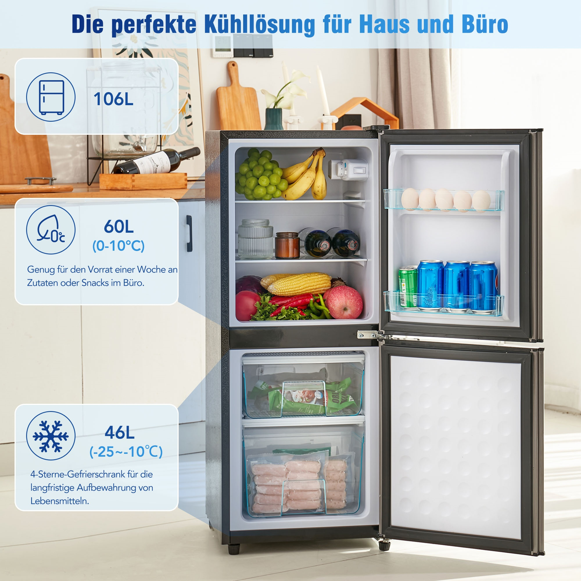 Minikühlschrank mit offener Tür. Innenraum mit Regalen, Lebensmitteln und Getränken. Text mit Kapazitätsinfo.