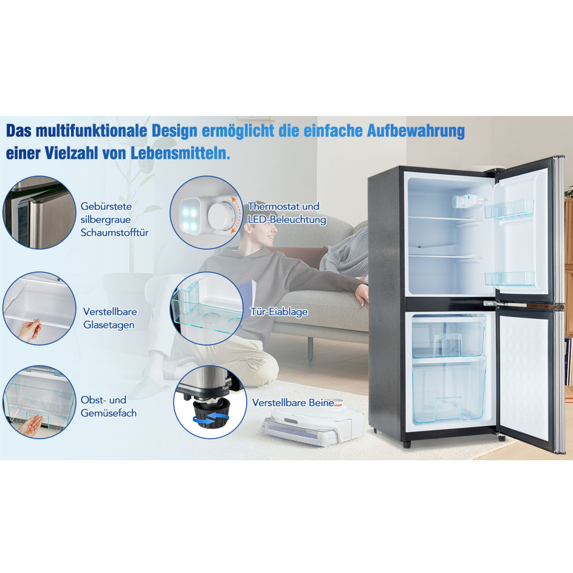 Ein schwarzer Kühlschrank mit geöffneten Türen, Regale und Fächer, Funktionen werden gezeigt.