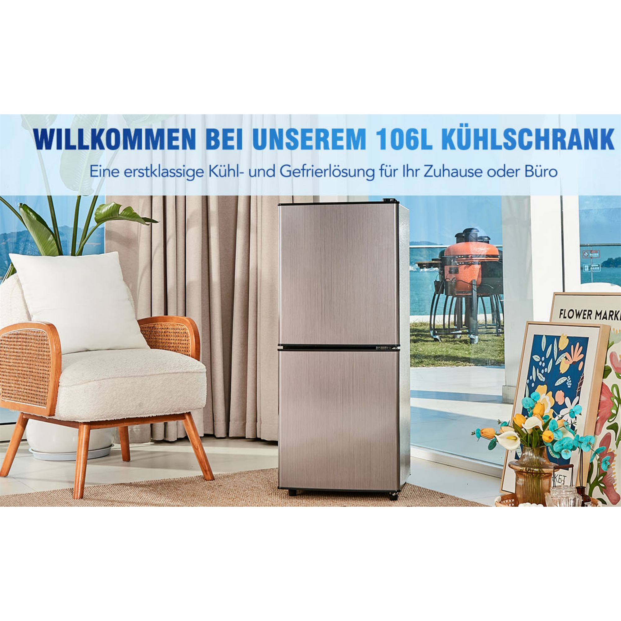 Ein Kühlschrank aus Edelstahl. Text: Willkommen zu unserem 106L Kühlschrank. Eine erstklassige Kühl- und Gefrierlösung.
