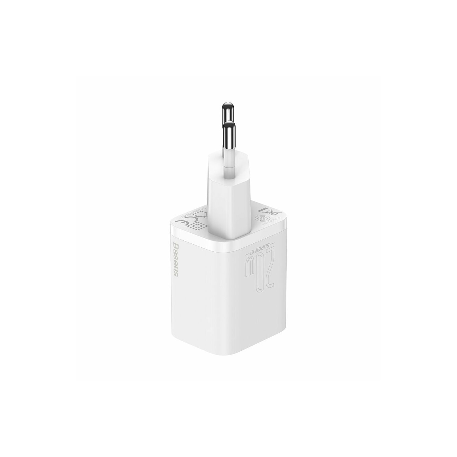 Un chargeur Baseus 20W blanc avec une prise argentée. Il est posé sur une surface blanche.