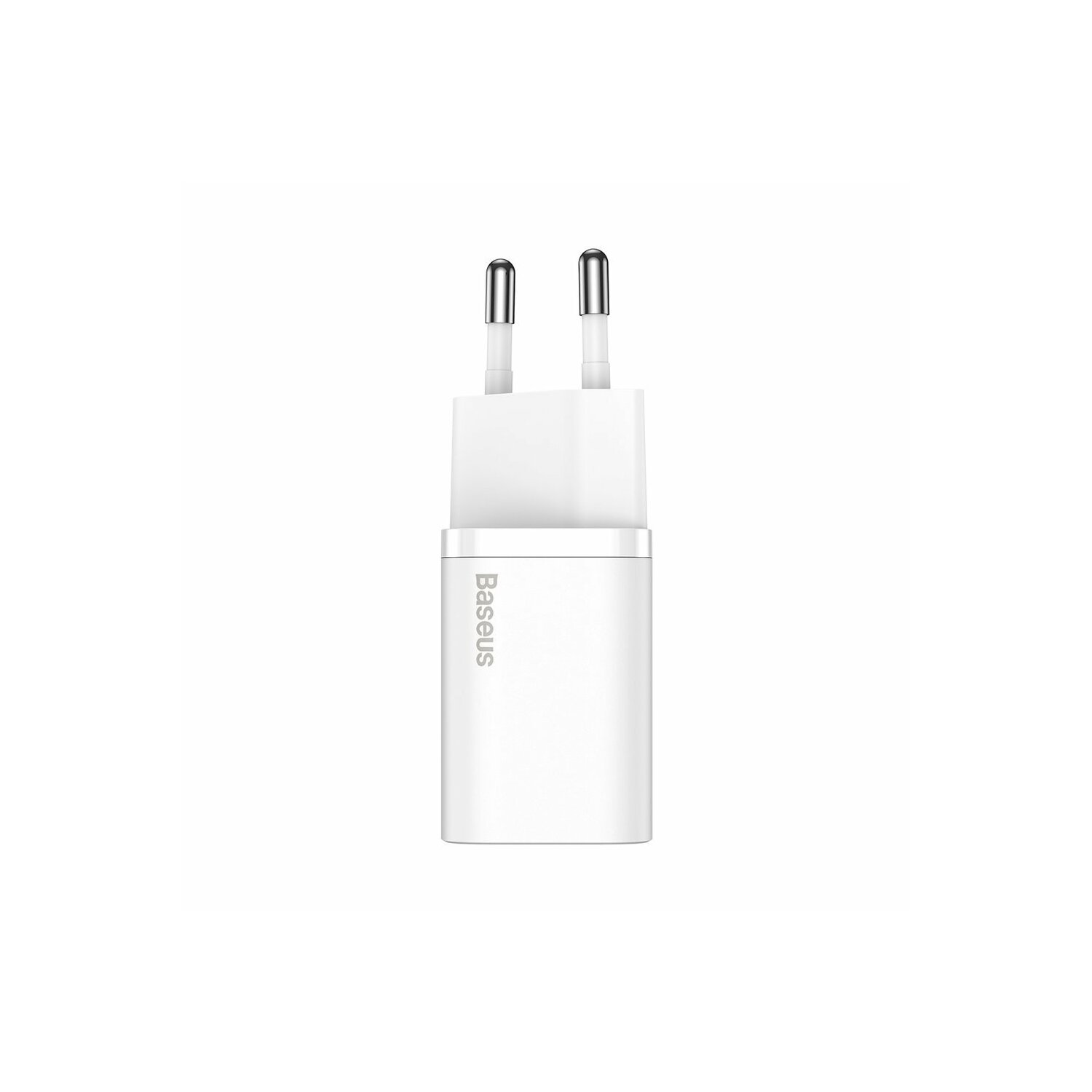 Un chargeur Baseus blanc avec deux broches, vu sur fond blanc.